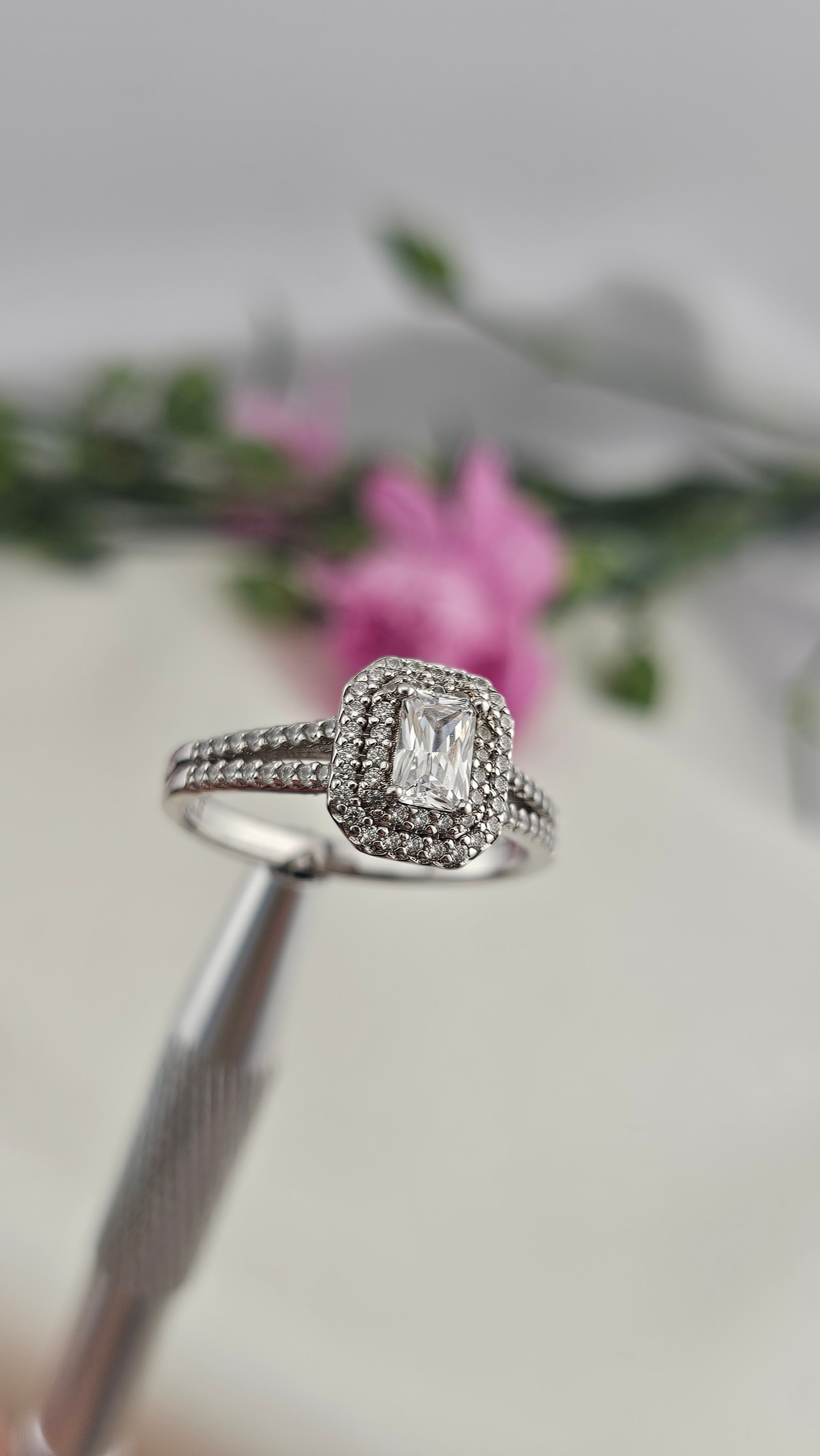 925 Sterling Silver Emerald Cut Cubic Zirconia Ring , size U 1/2