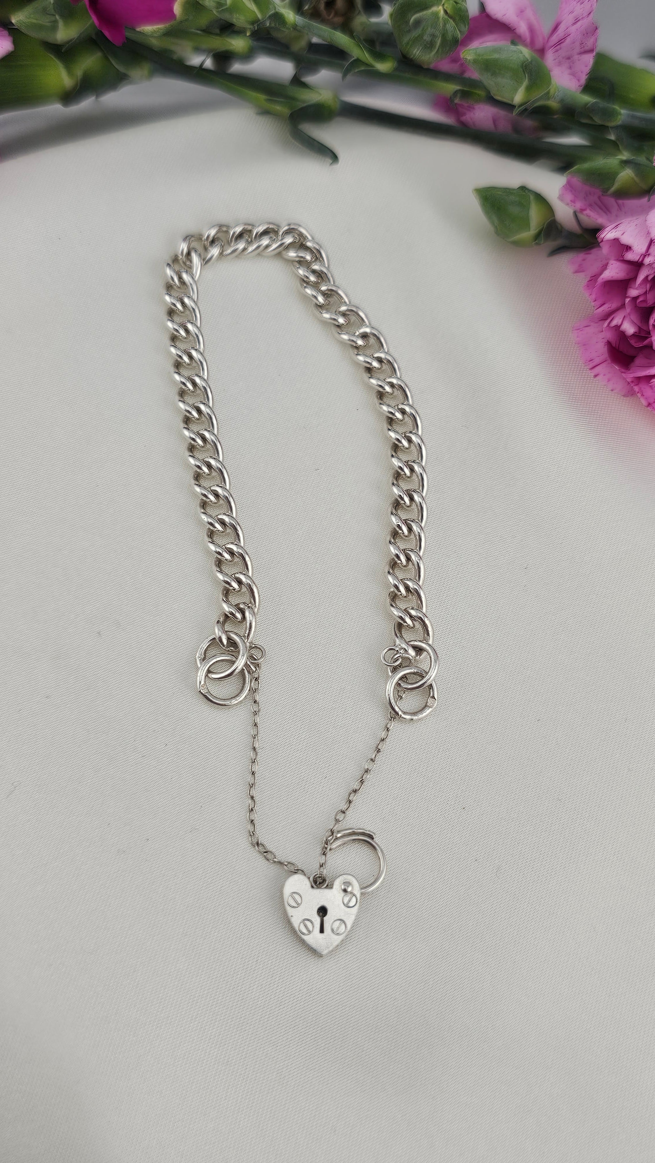 Vintage 925 Sterling Silver curb link hear padlock Bracelet 17cm
