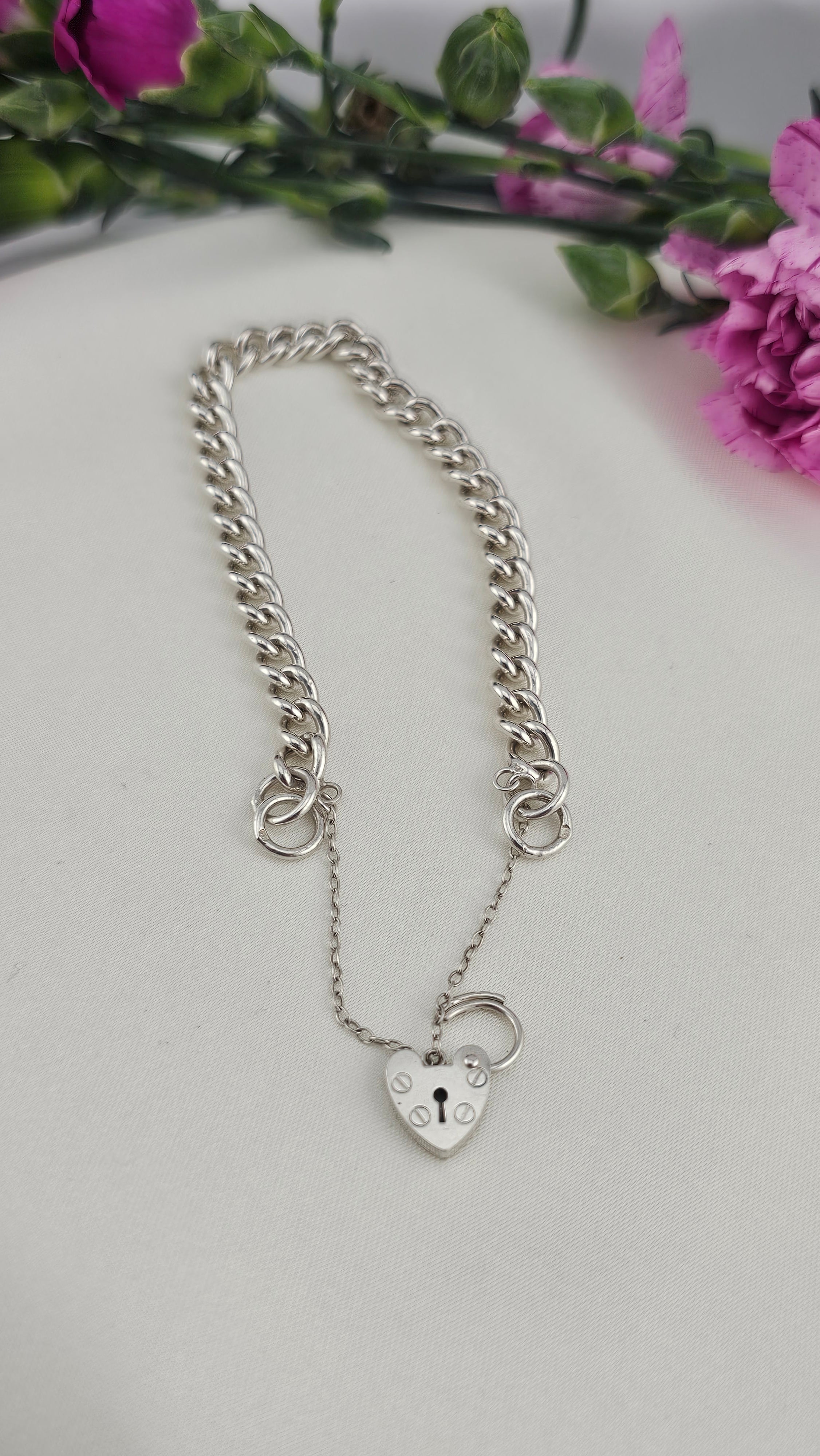 Vintage 925 Sterling Silver curb link hear padlock Bracelet 17cm