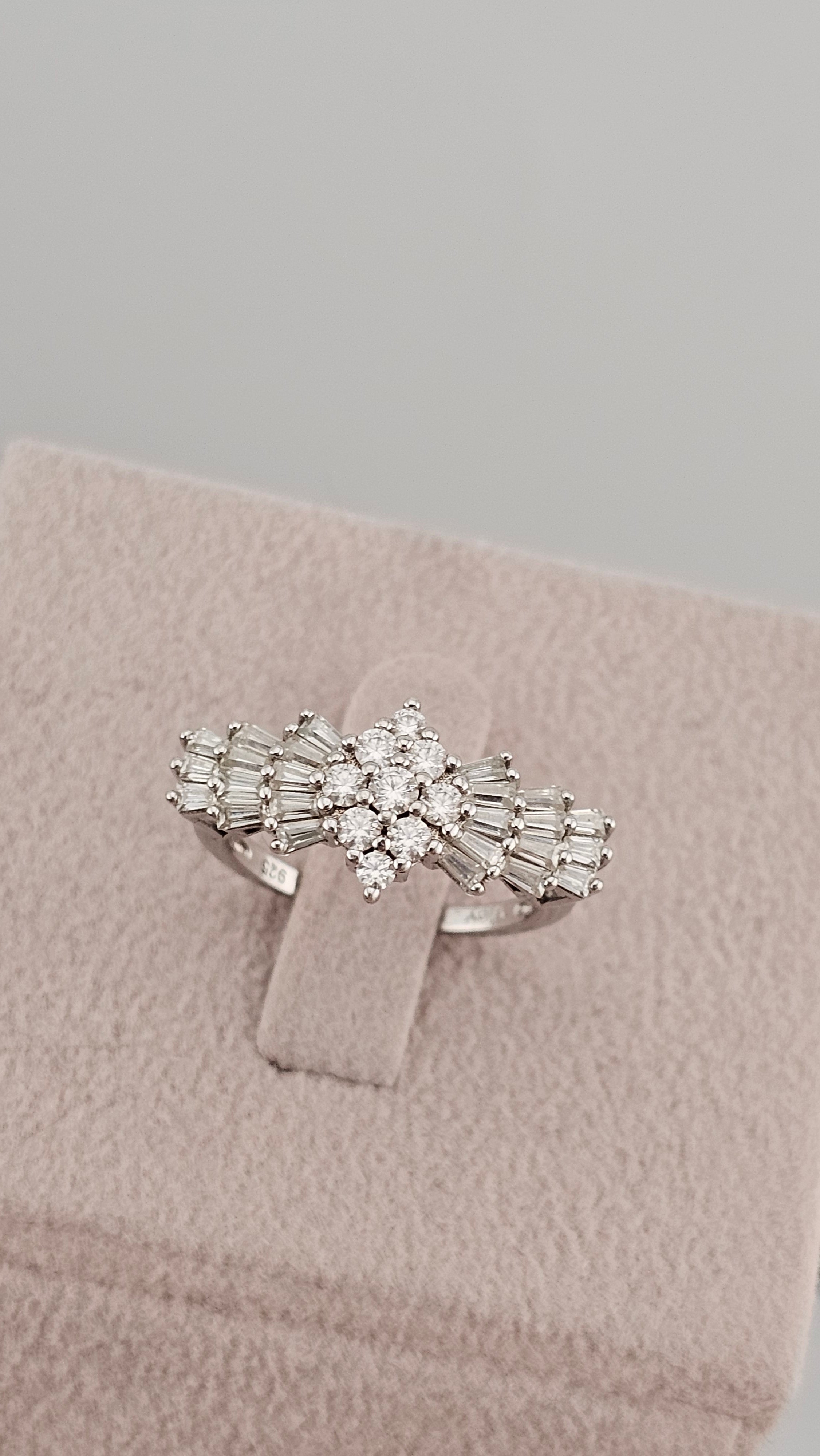 Moissanite Ballerina Ring in Platinum Plated Sterling Silver 1.09 Ct, size L 1/2