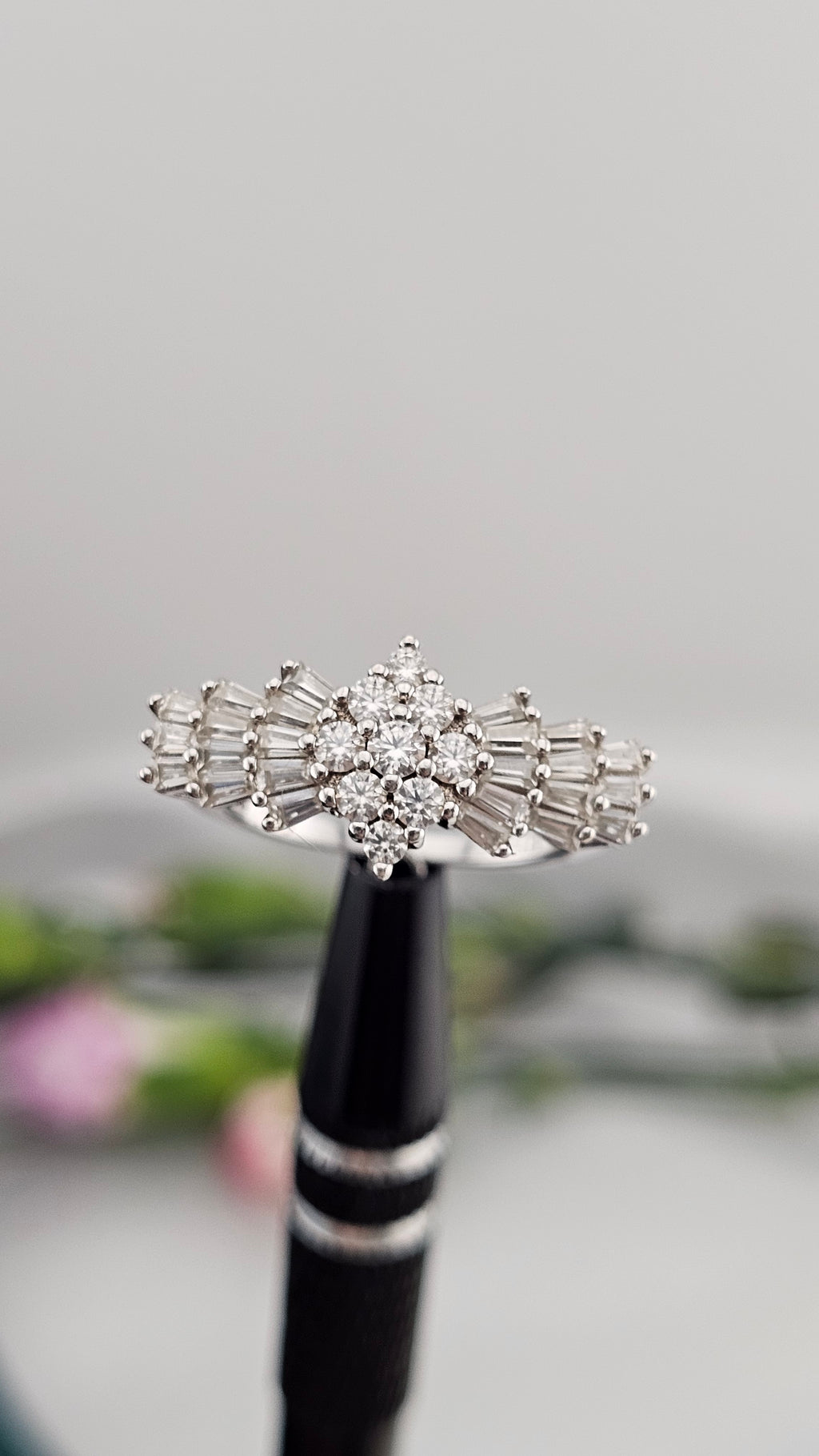 Moissanite Ballerina Ring in Platinum Plated Sterling Silver 1.09 Ct, size L 1/2