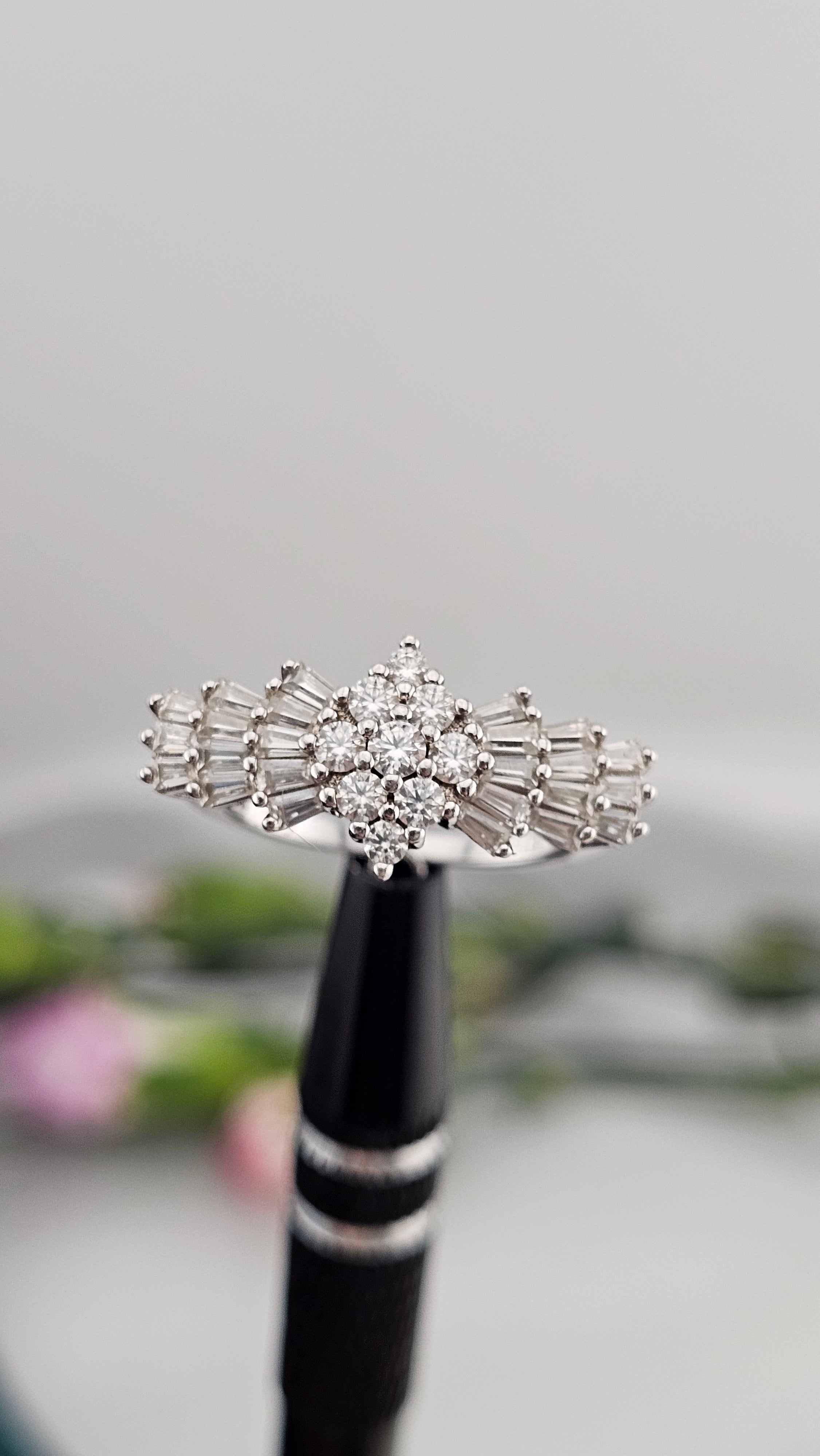 Moissanite Ballerina Ring in Platinum Plated Sterling Silver 1.09 Ct, size L 1/2