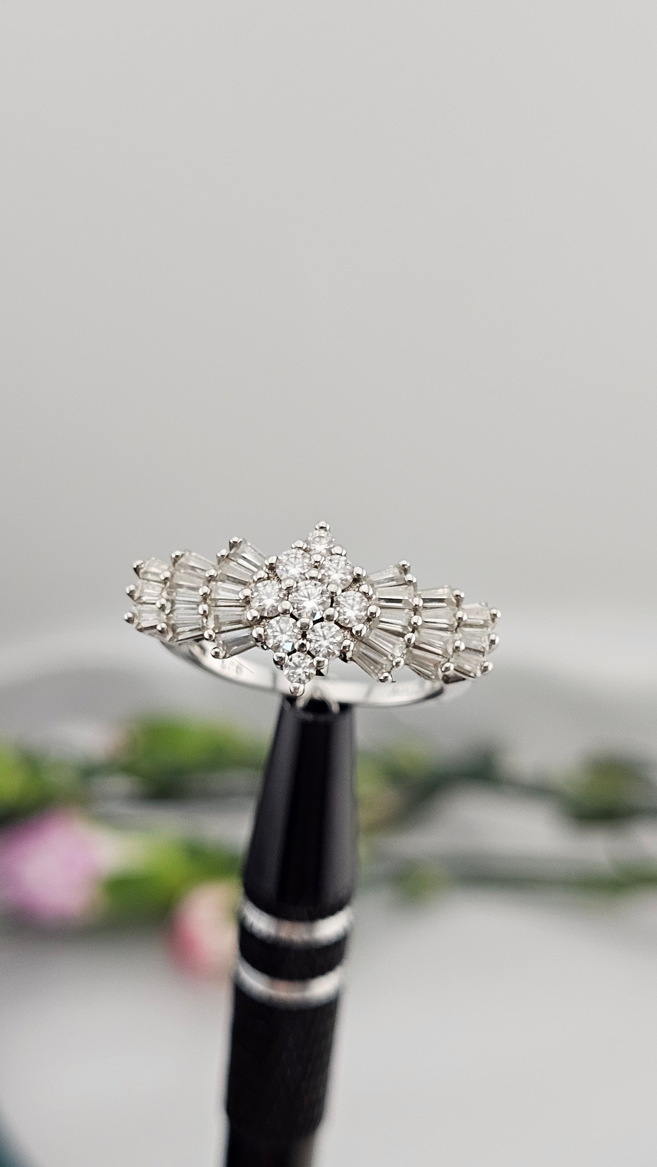 Moissanite Ballerina Ring in Platinum Plated Sterling Silver 1.09 Ct, size L 1/2