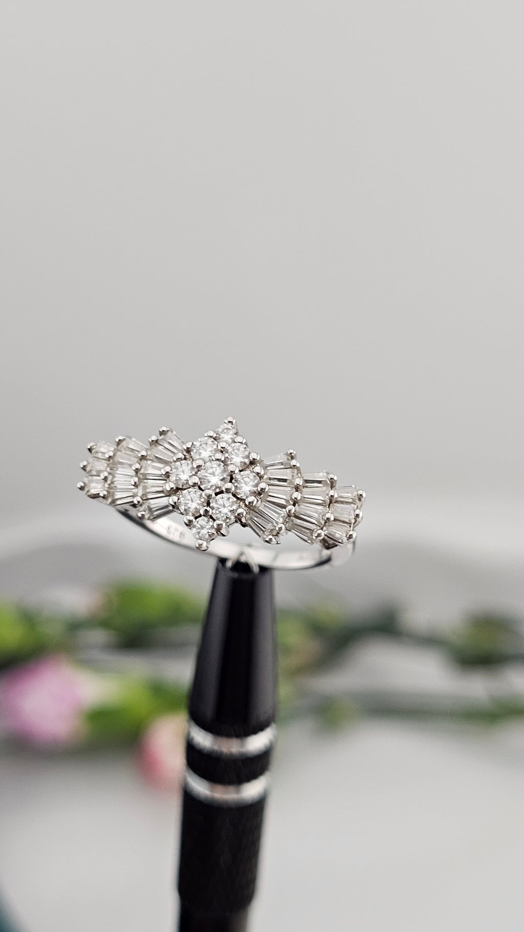 Moissanite Ballerina Ring in Platinum Plated Sterling Silver 1.09 Ct, size L 1/2