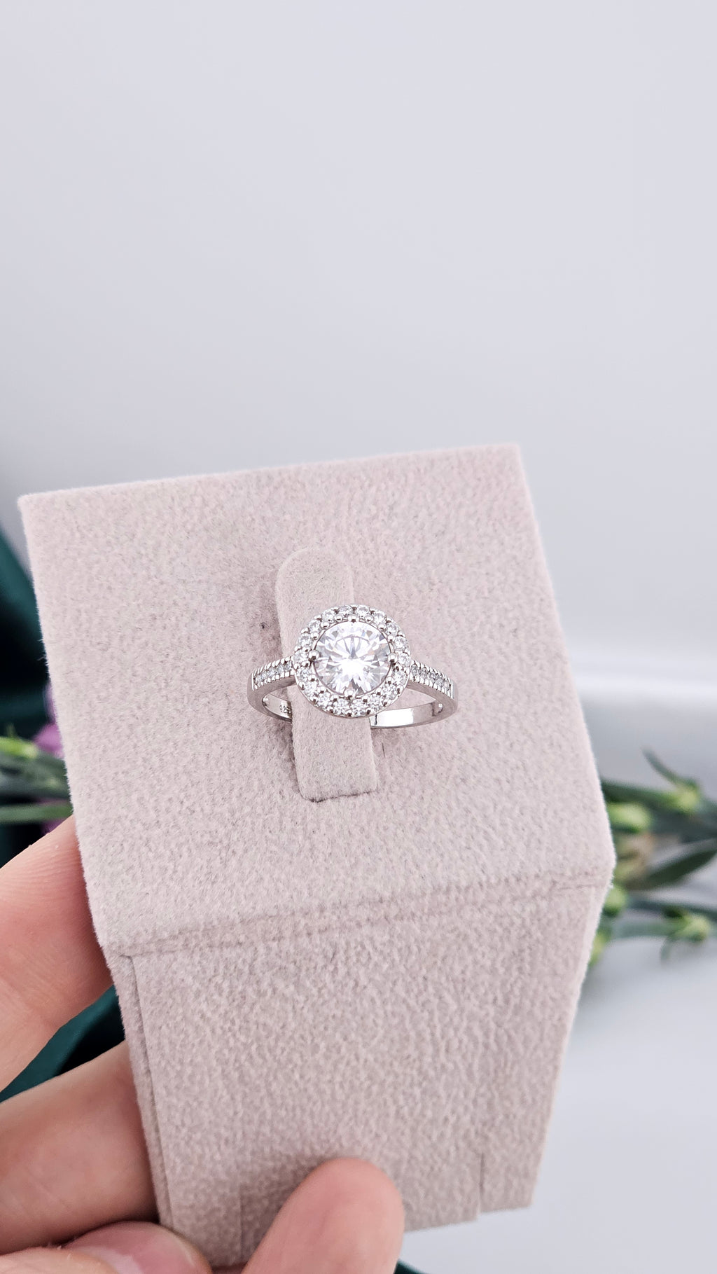 925 Sterling Silver Cubic Zirconia Round Halo Ring , size N