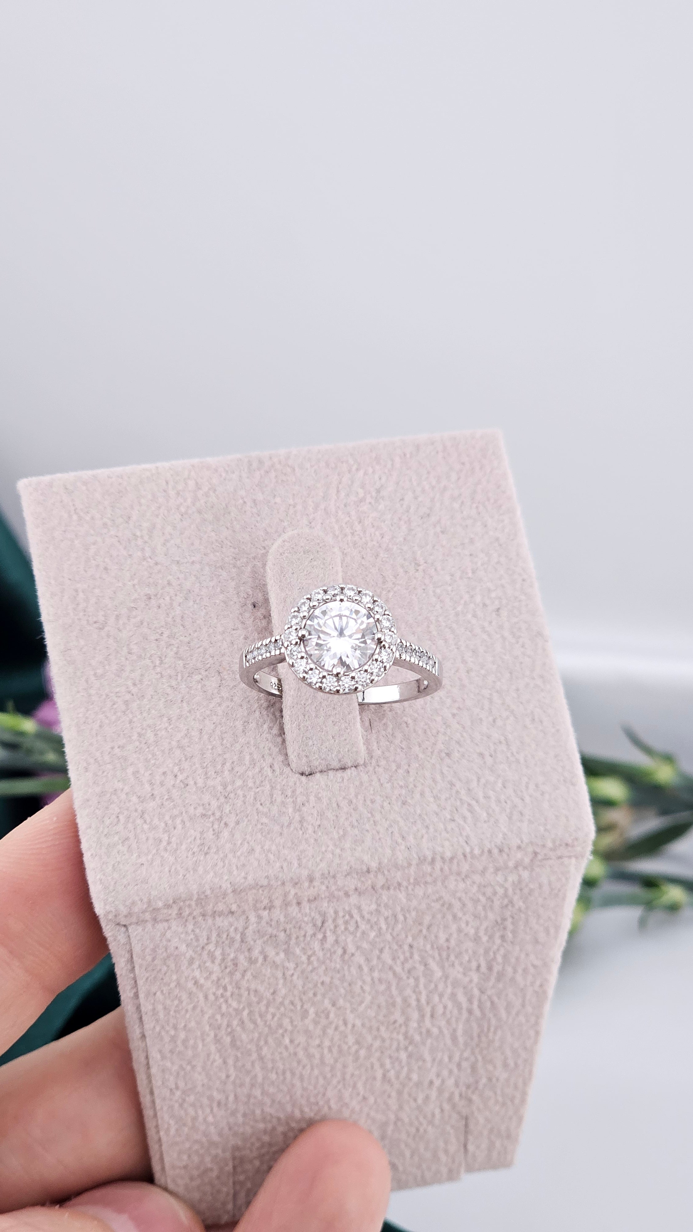 925 Sterling Silver Cubic Zirconia Round Halo Ring , size N