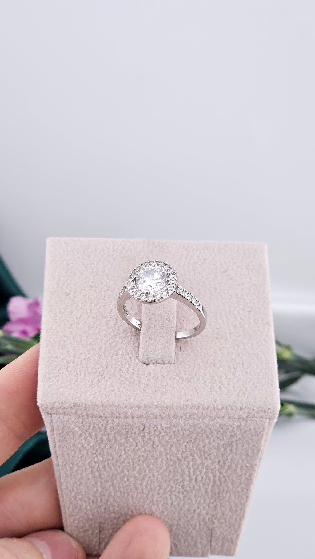 925 Sterling Silver Cubic Zirconia Round Halo Ring , size N