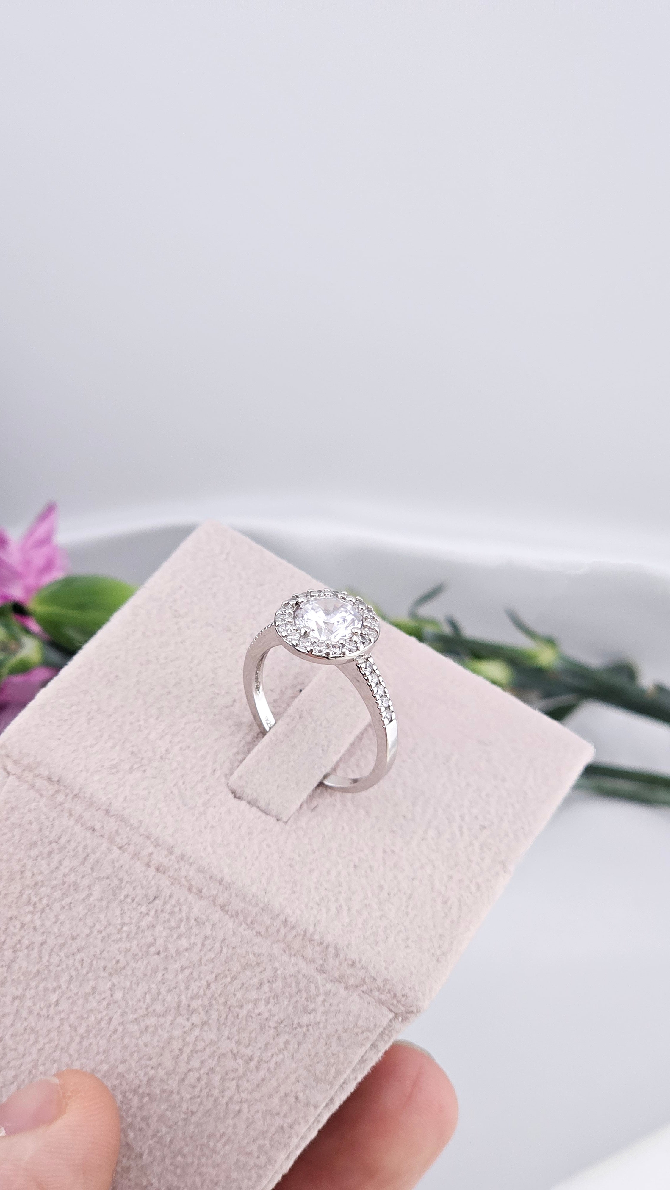 925 Sterling Silver Cubic Zirconia Round Halo Ring , size N