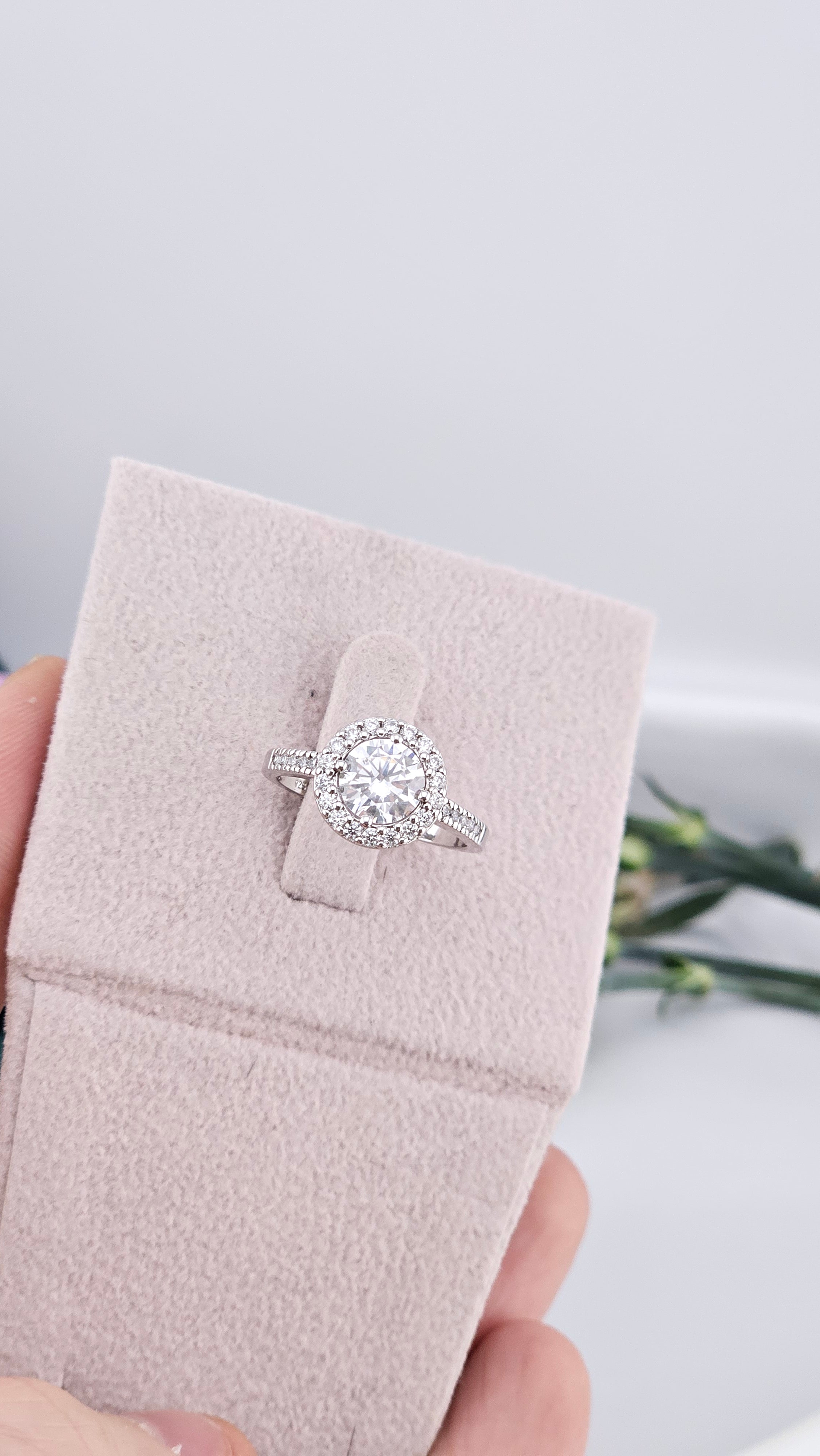 925 Sterling Silver Cubic Zirconia Round Halo Ring , size N
