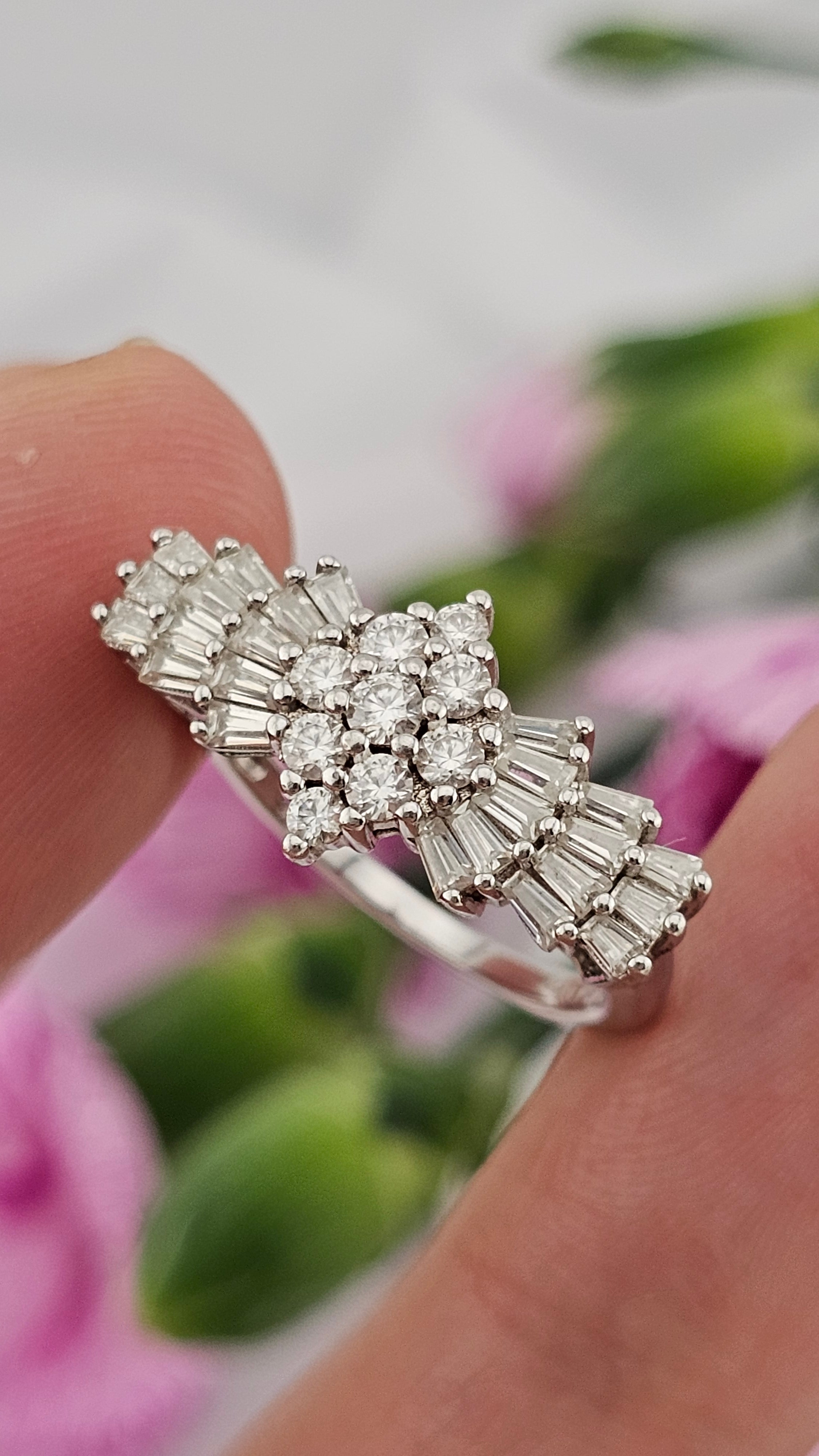 Moissanite Ballerina Ring in Platinum Plated Sterling Silver 1.09 Ct, size L 1/2