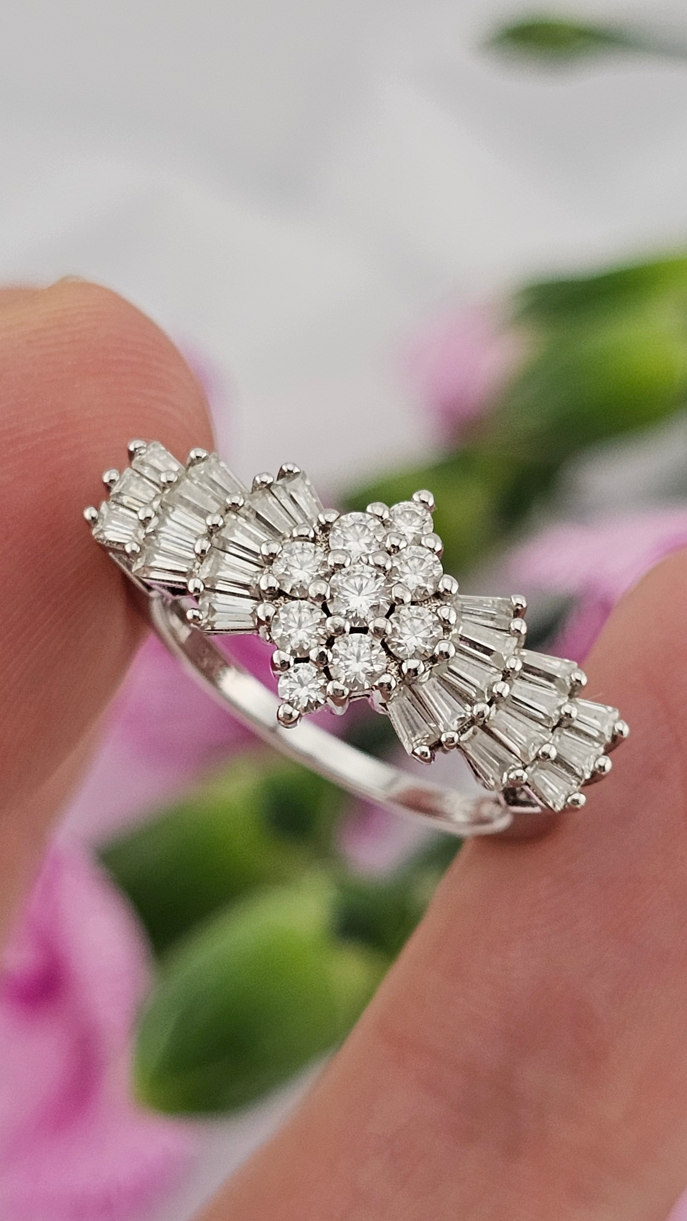 Moissanite Ballerina Ring in Platinum Plated Sterling Silver 1.09 Ct, size L 1/2