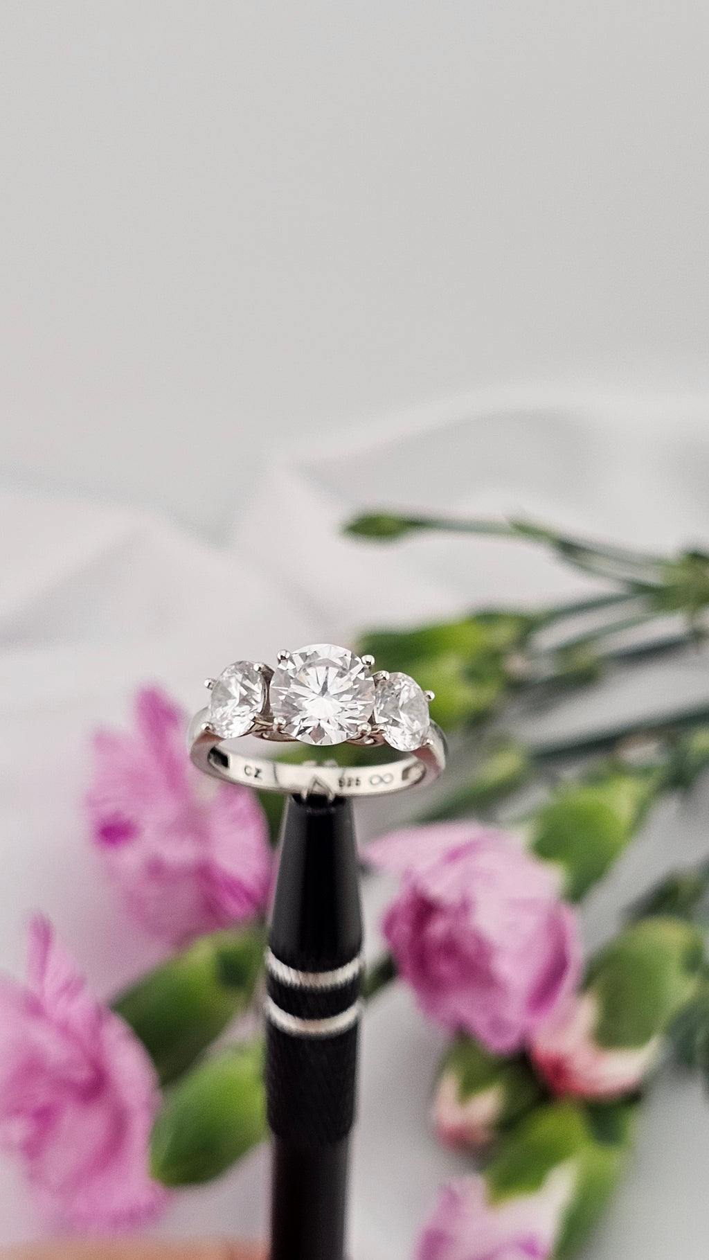 925 Sterling Silver Three Stone Cubic Zirconia Ring , size L1/2