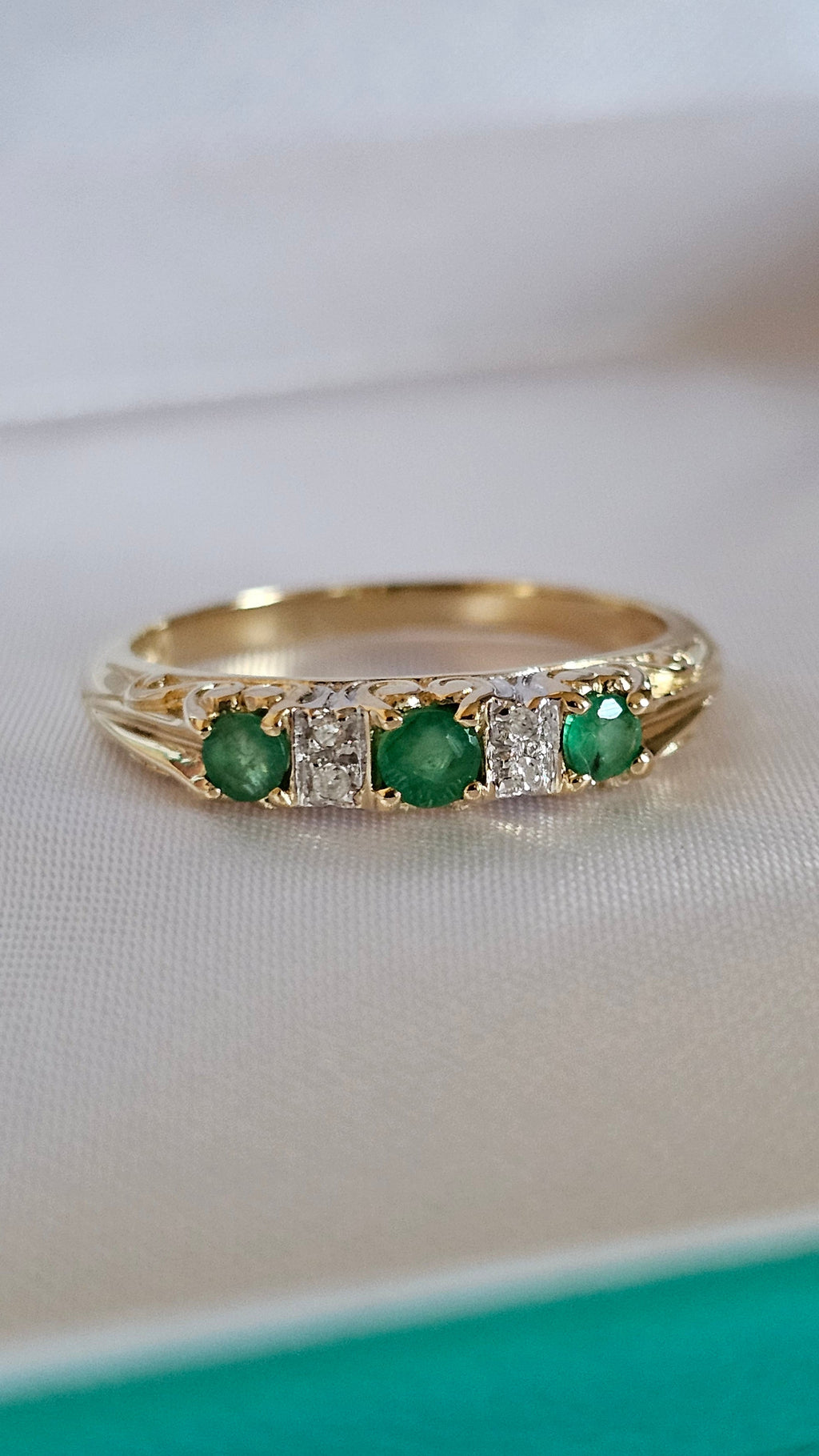 9ct Yellow Gold Natural Emerald and Diamonds Eternity Ring , size P 1/2
