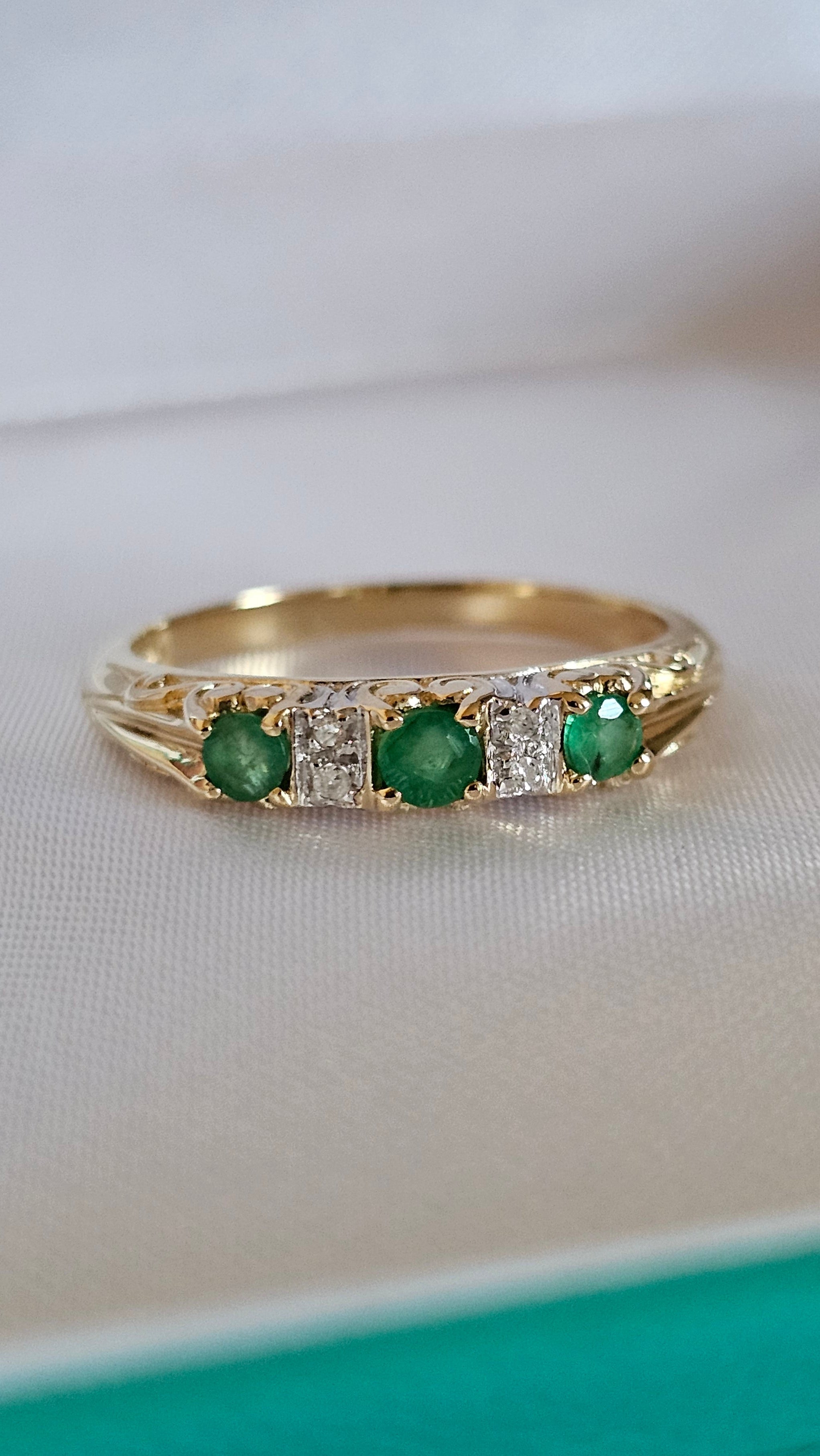 9ct Yellow Gold Natural Emerald and Diamonds Eternity Ring , size P 1/2