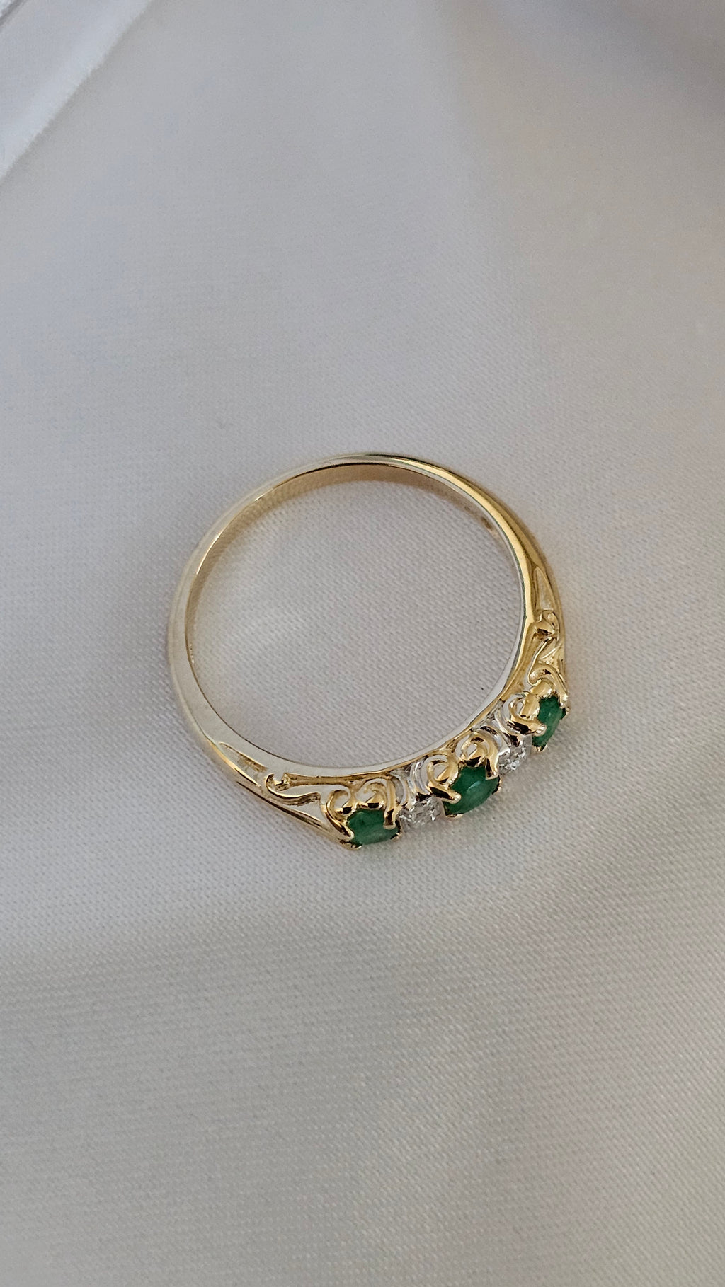 9ct Yellow Gold Natural Emerald and Diamonds Eternity Ring , size P 1/2