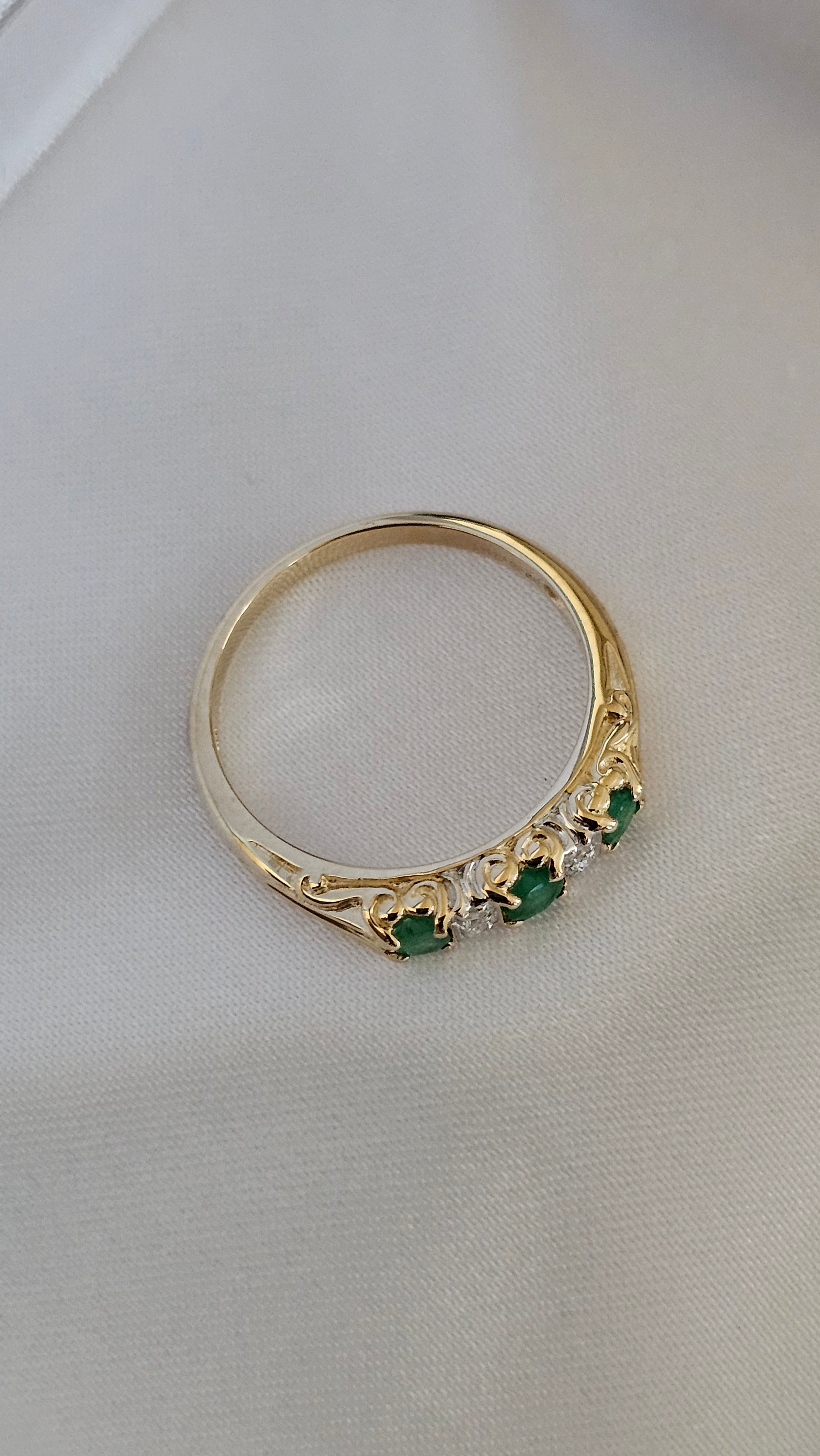 9ct Yellow Gold Natural Emerald and Diamonds Eternity Ring , size P 1/2