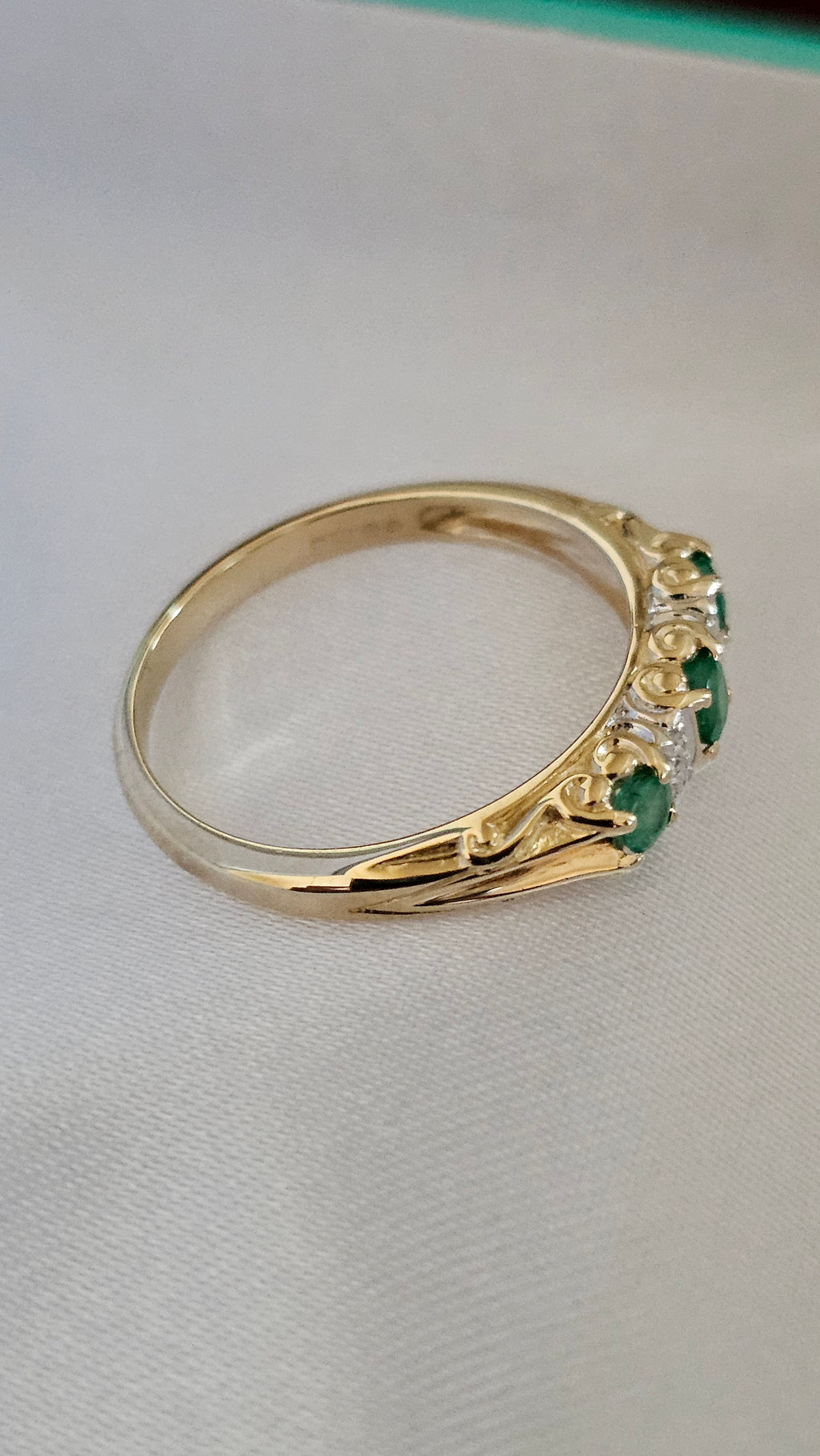 9ct Yellow Gold Natural Emerald and Diamonds Eternity Ring , size P 1/2