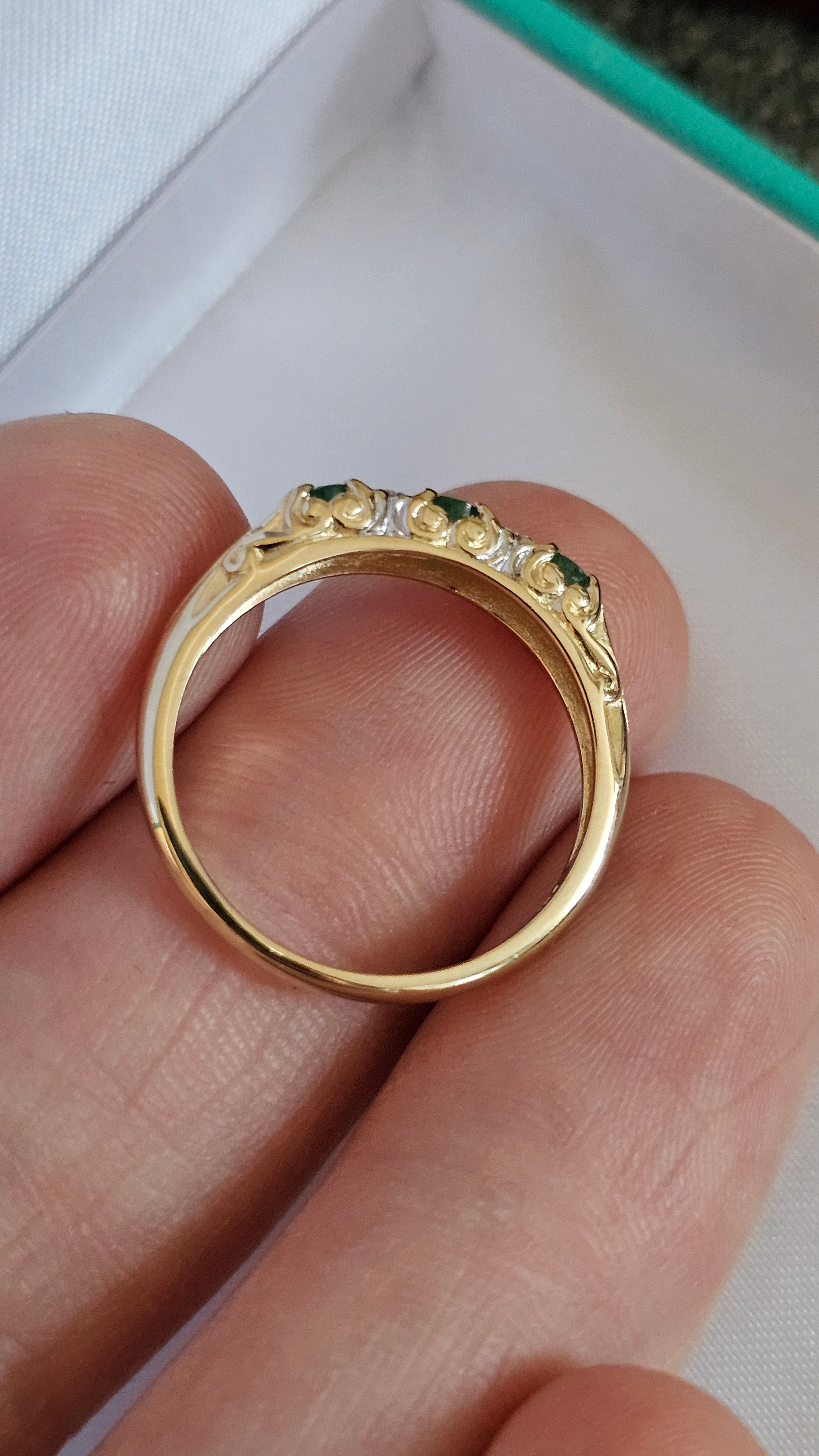 9ct Yellow Gold Natural Emerald and Diamonds Eternity Ring , size P 1/2