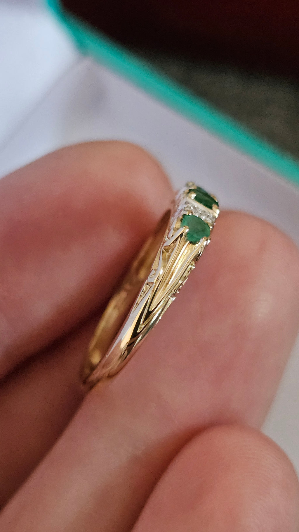 9ct Yellow Gold Natural Emerald and Diamonds Eternity Ring , size P 1/2