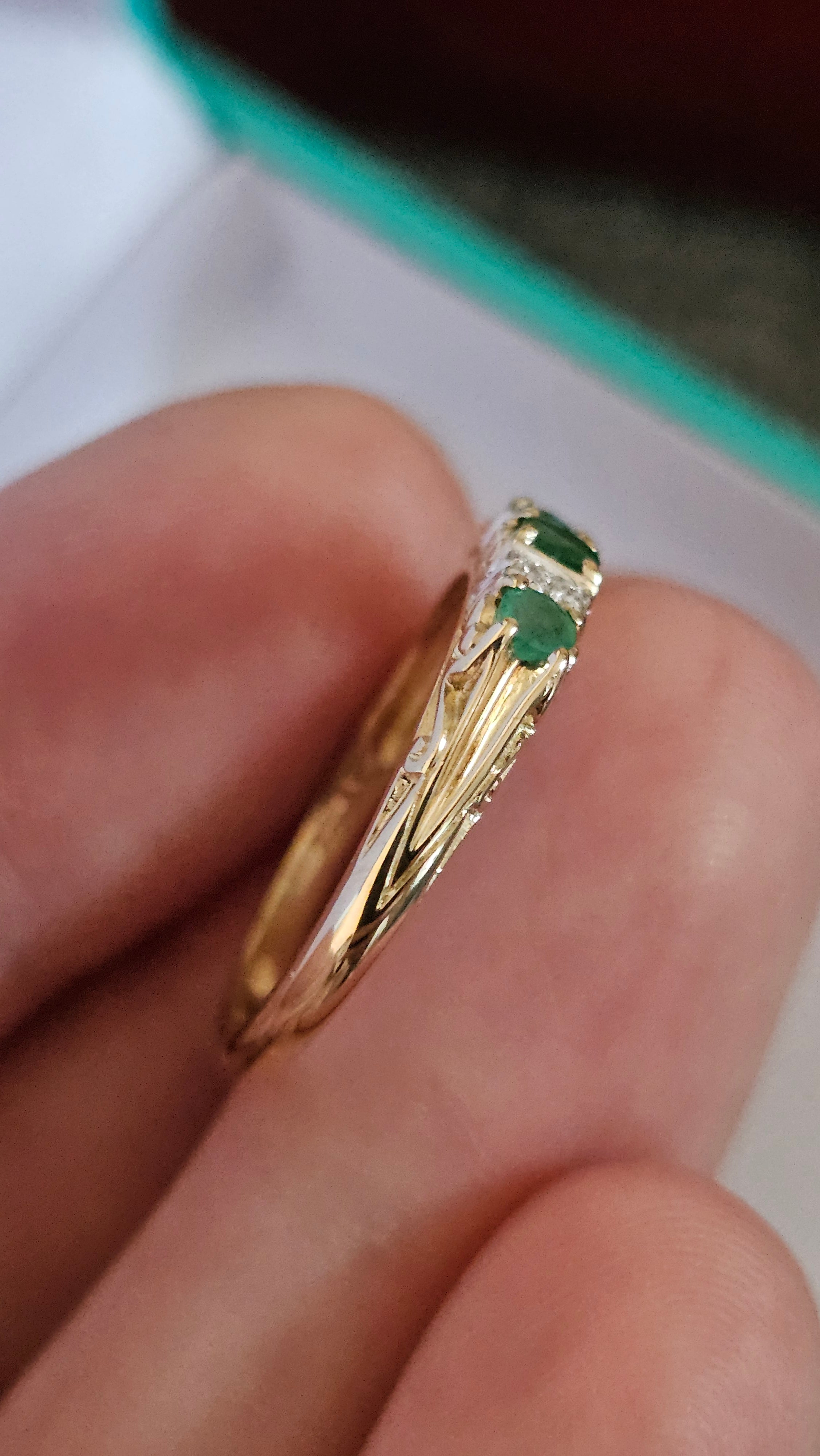 9ct Yellow Gold Natural Emerald and Diamonds Eternity Ring , size P 1/2