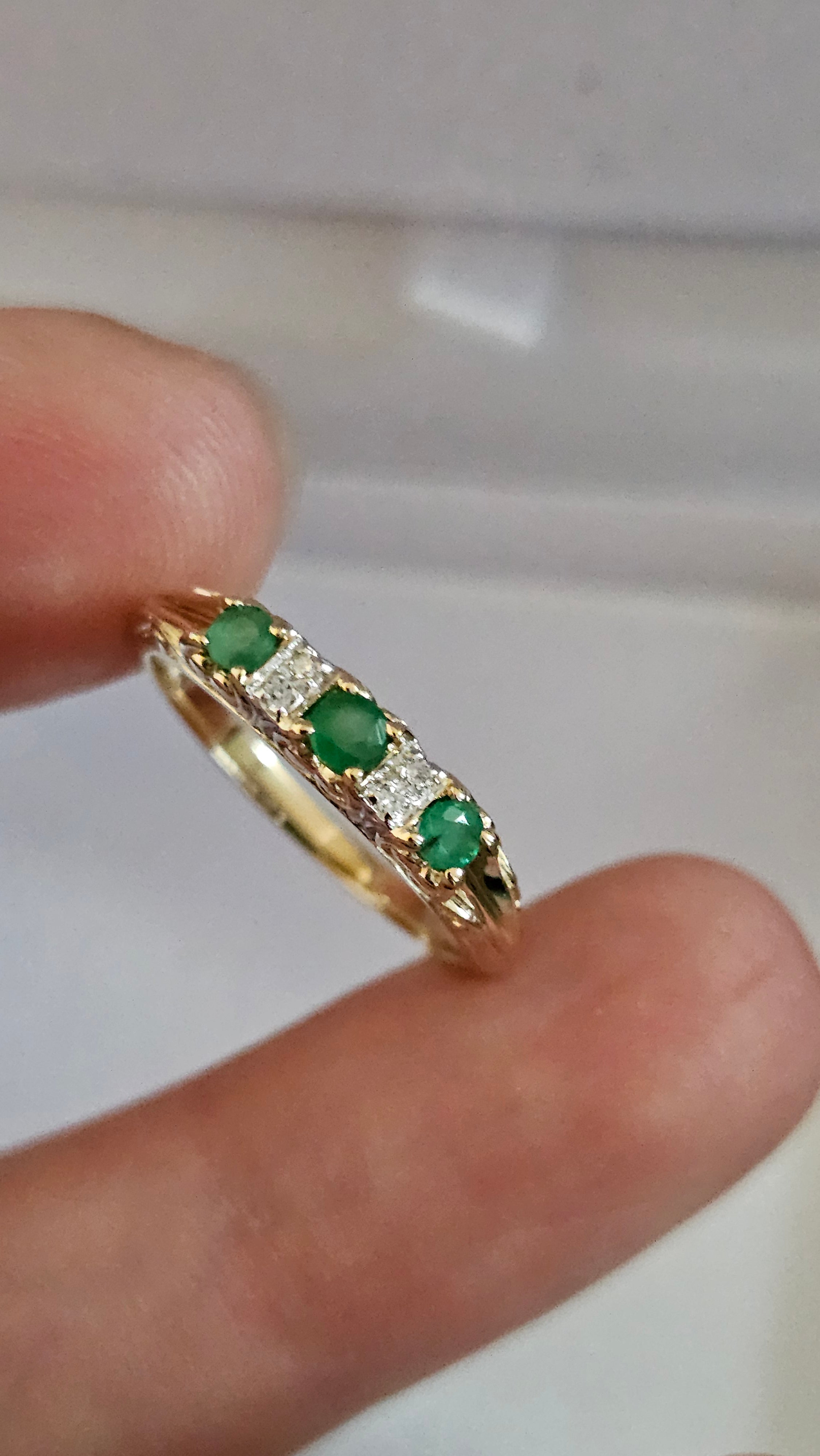 9ct Yellow Gold Natural Emerald and Diamonds Eternity Ring , size P 1/2