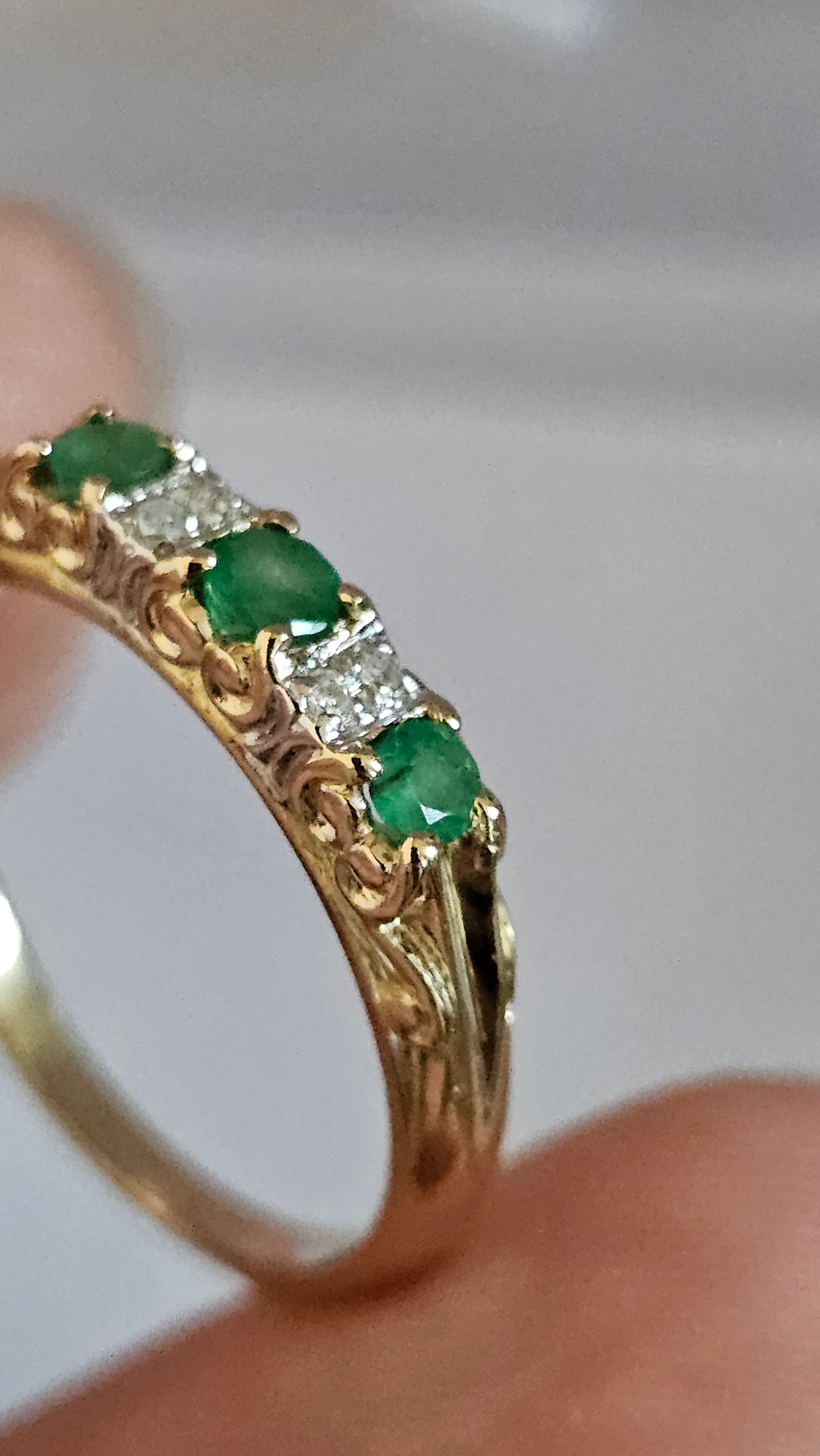 9ct Yellow Gold Natural Emerald and Diamonds Eternity Ring , size P 1/2