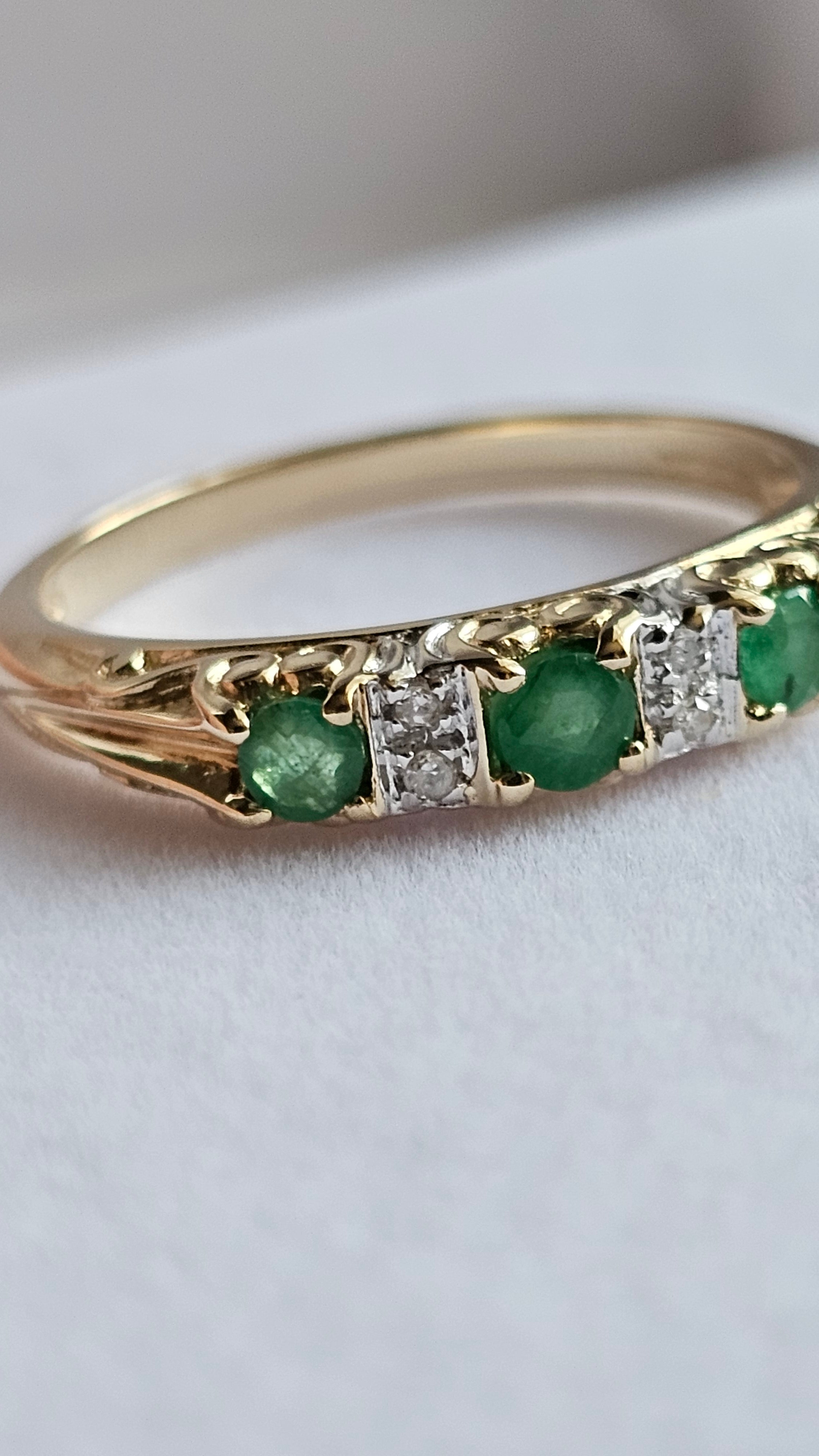 9ct Yellow Gold Natural Emerald and Diamonds Eternity Ring , size P 1/2