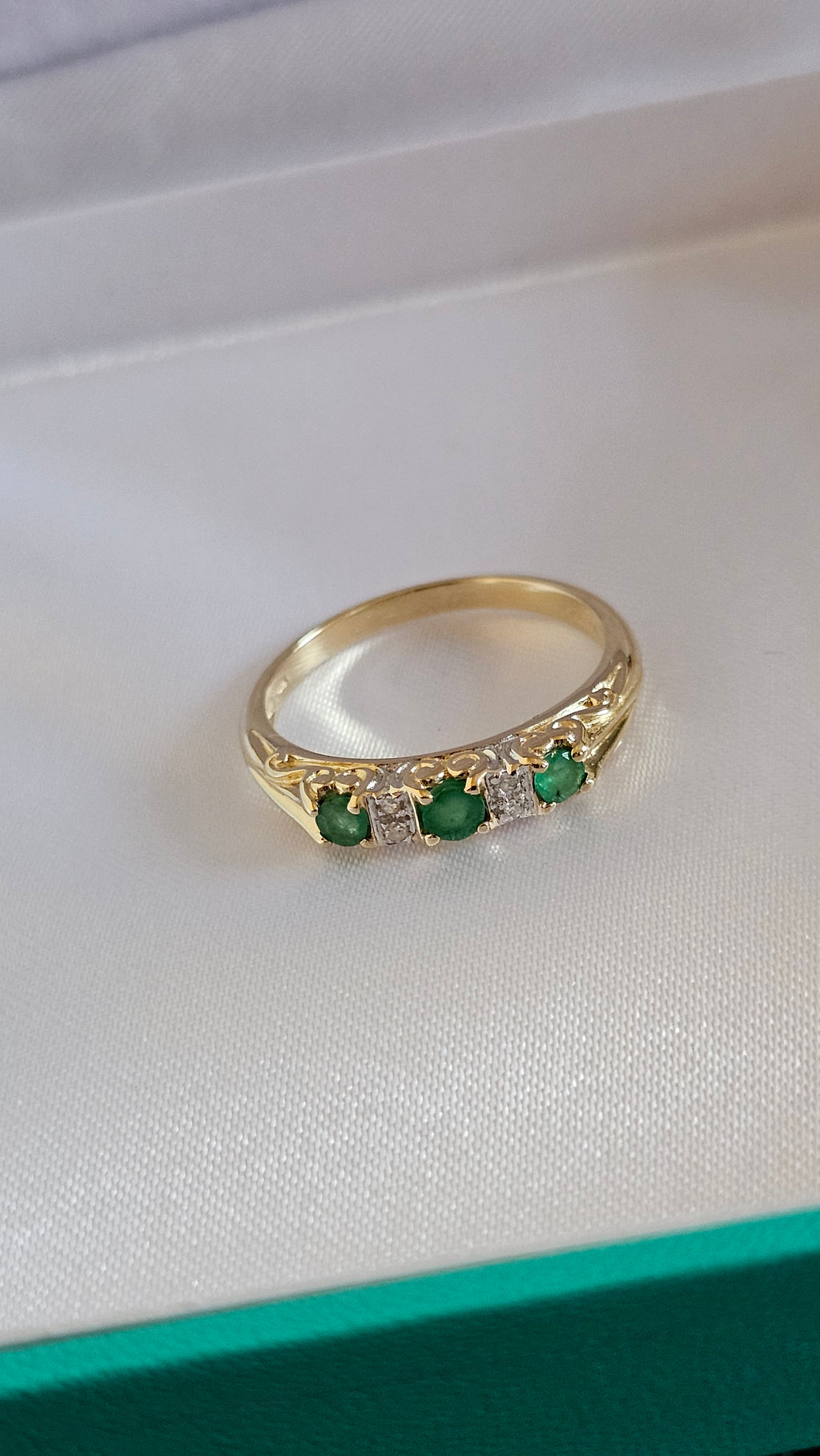 9ct Yellow Gold Natural Emerald and Diamonds Eternity Ring , size P 1/2