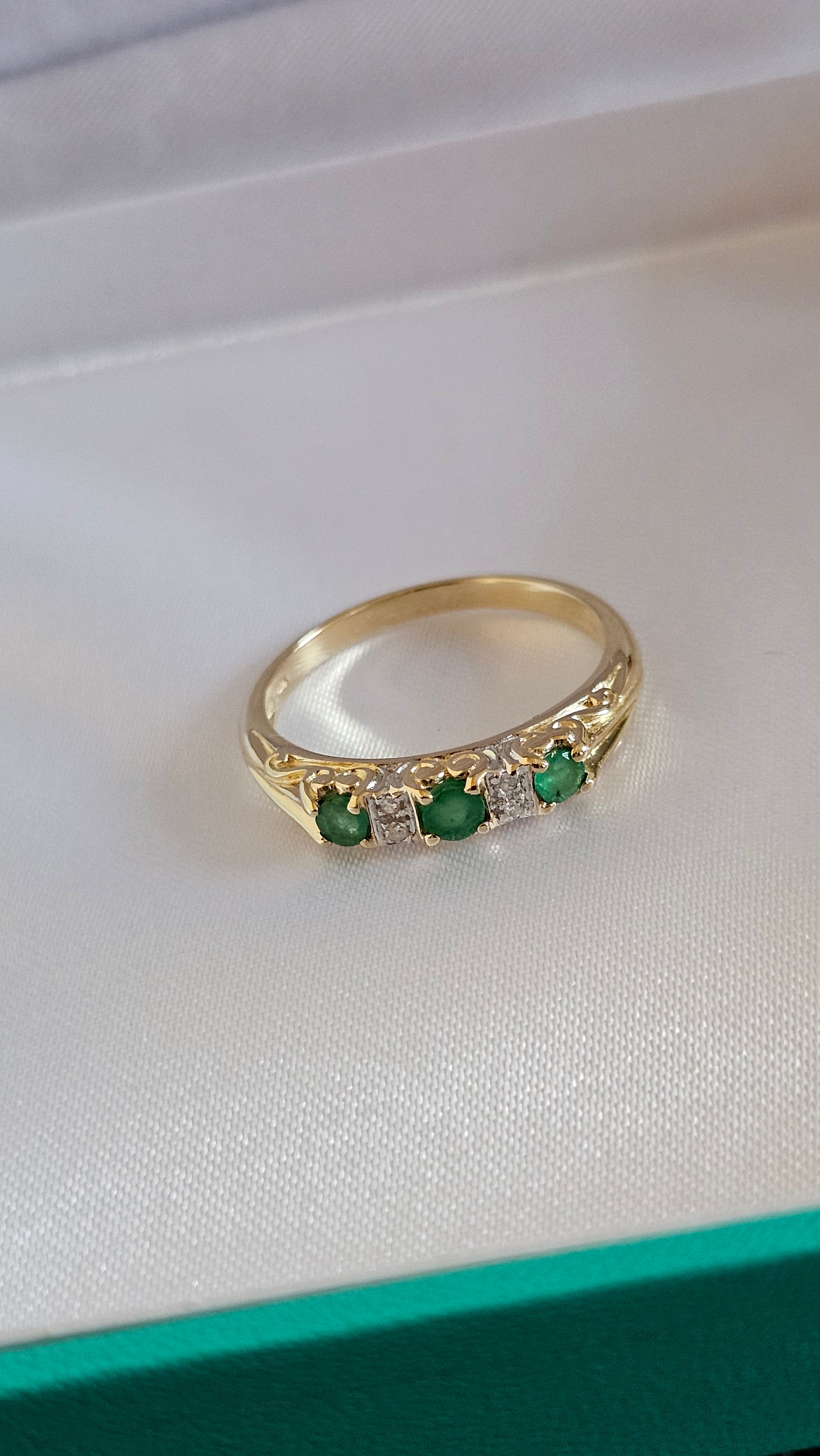 9ct Yellow Gold Natural Emerald and Diamonds Eternity Ring , size P 1/2