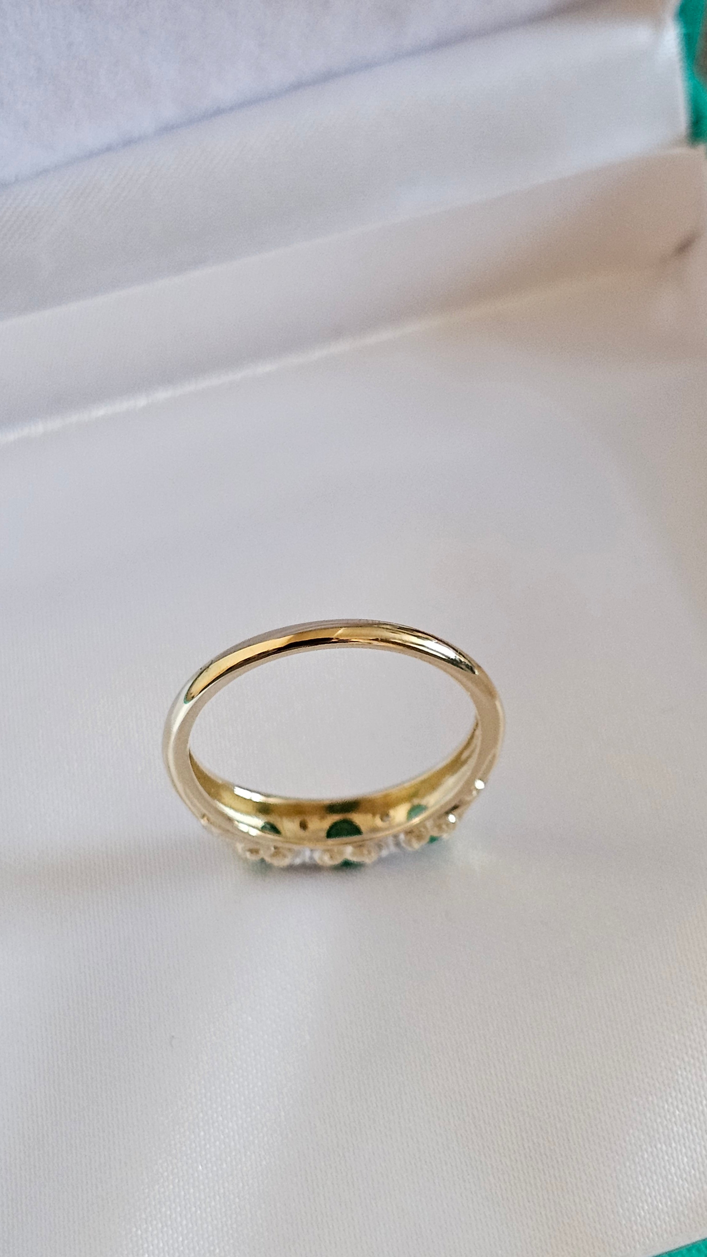 9ct Yellow Gold Natural Emerald and Diamonds Eternity Ring , size P 1/2