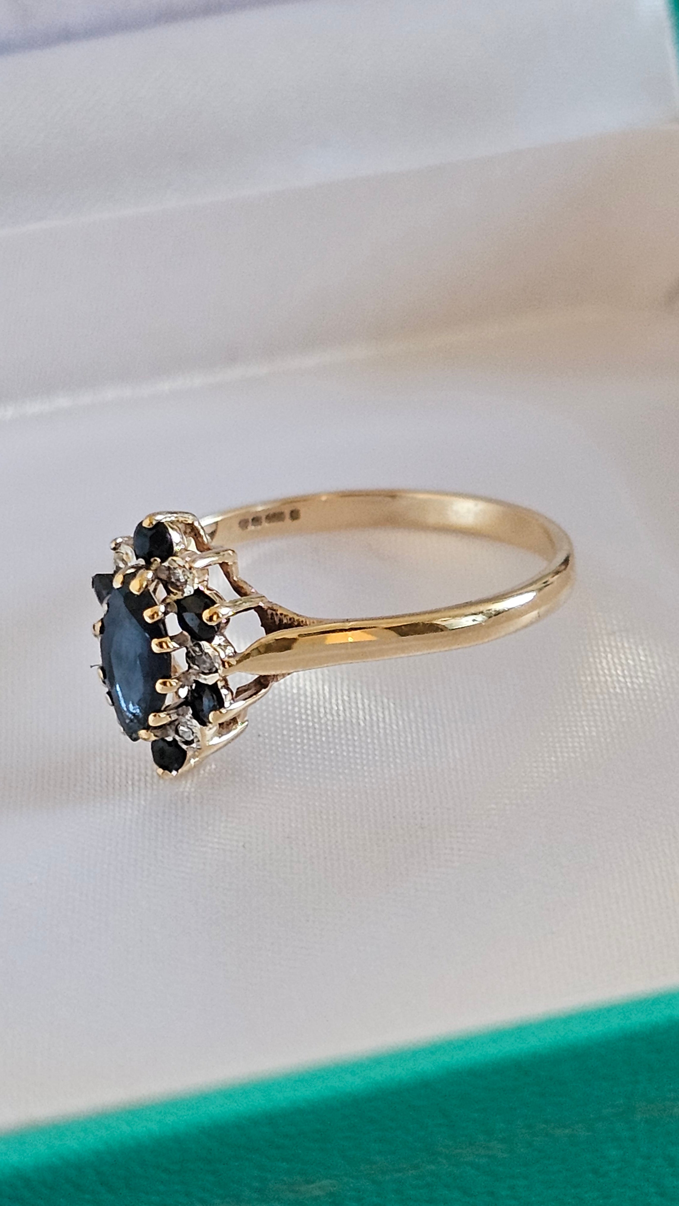 9ct Yellow Gold Natural Sapphire and Diamond Ring , size T 1/2