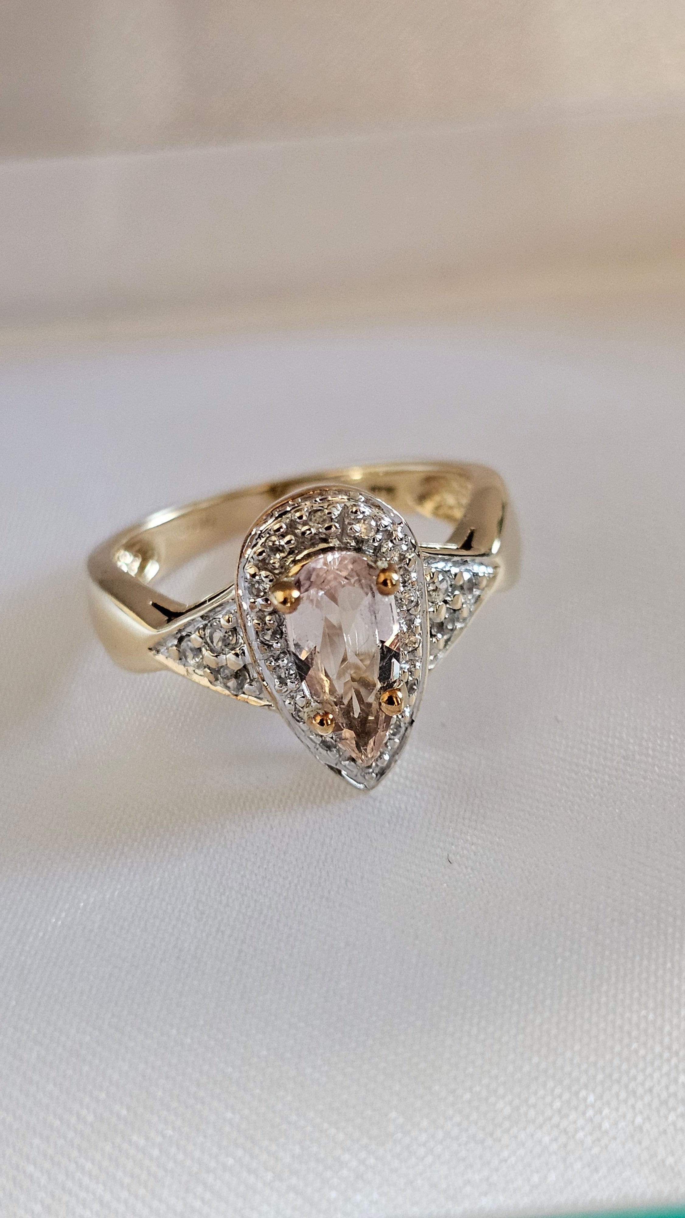 9ct Yellow Gold Natural Morganite and Zircon Pear Halo Ring - Size N