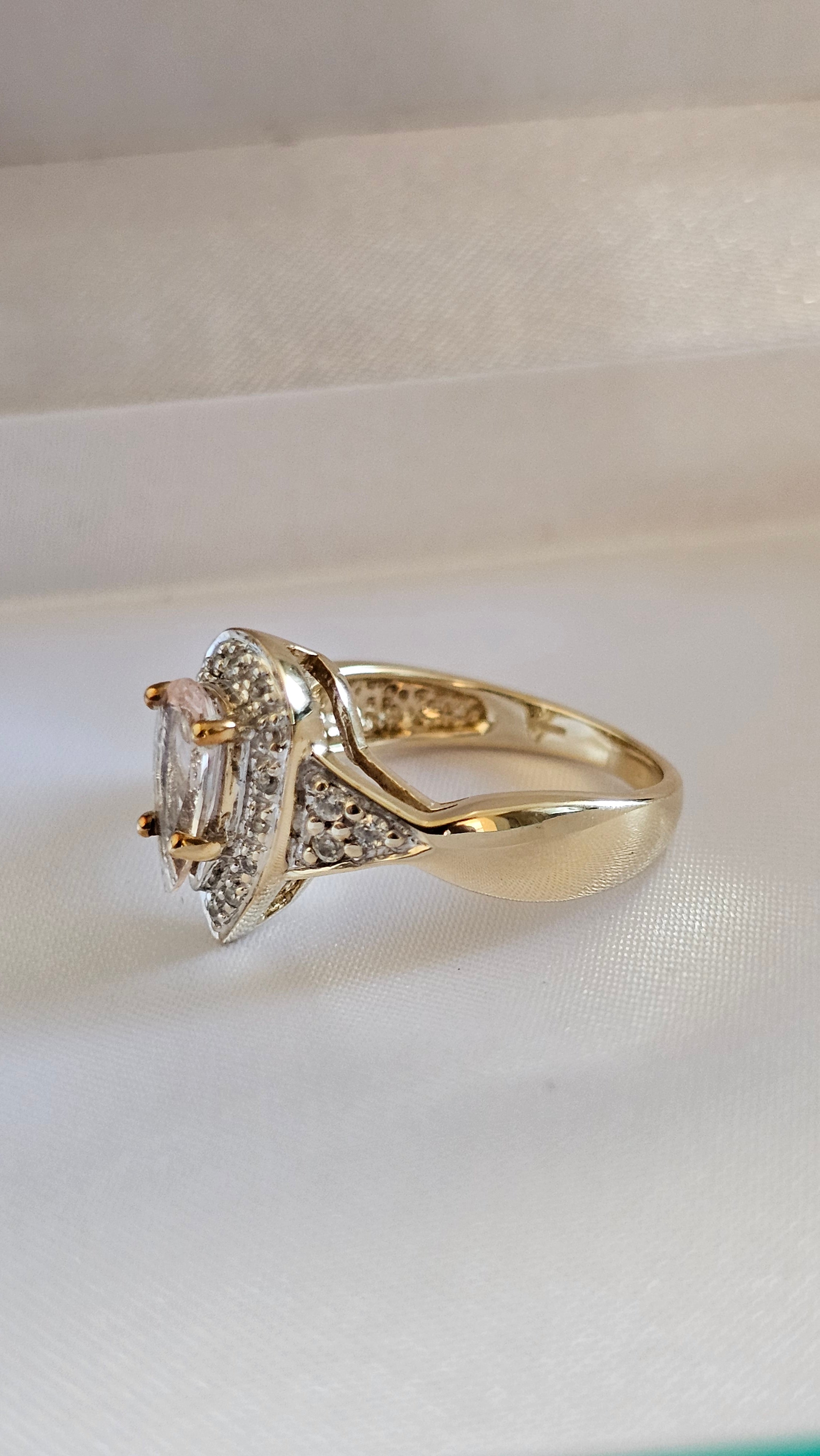 9ct Yellow Gold Natural Morganite and Zircon Pear Halo Ring - Size N