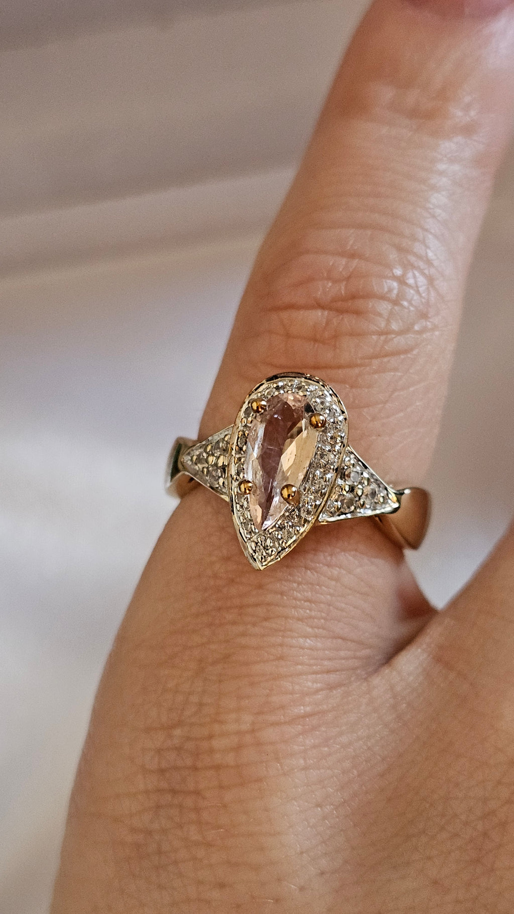 9ct Yellow Gold Natural Morganite and Zircon Pear Halo Ring - Size N