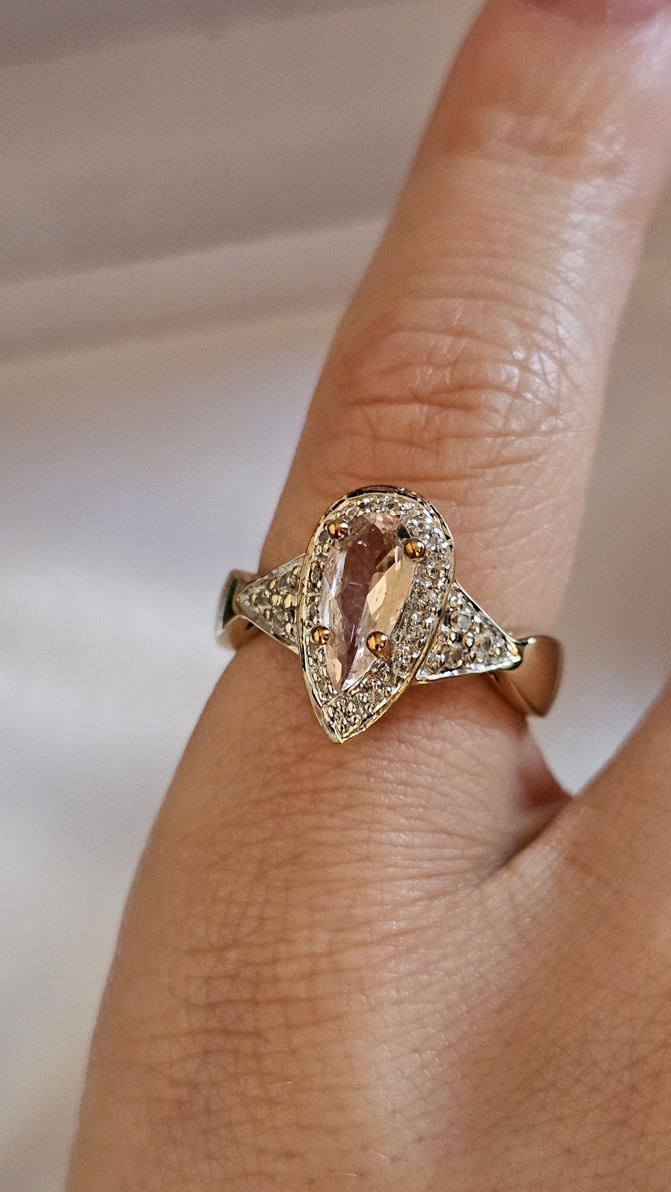 9ct Yellow Gold Natural Morganite and Zircon Pear Halo Ring - Size N