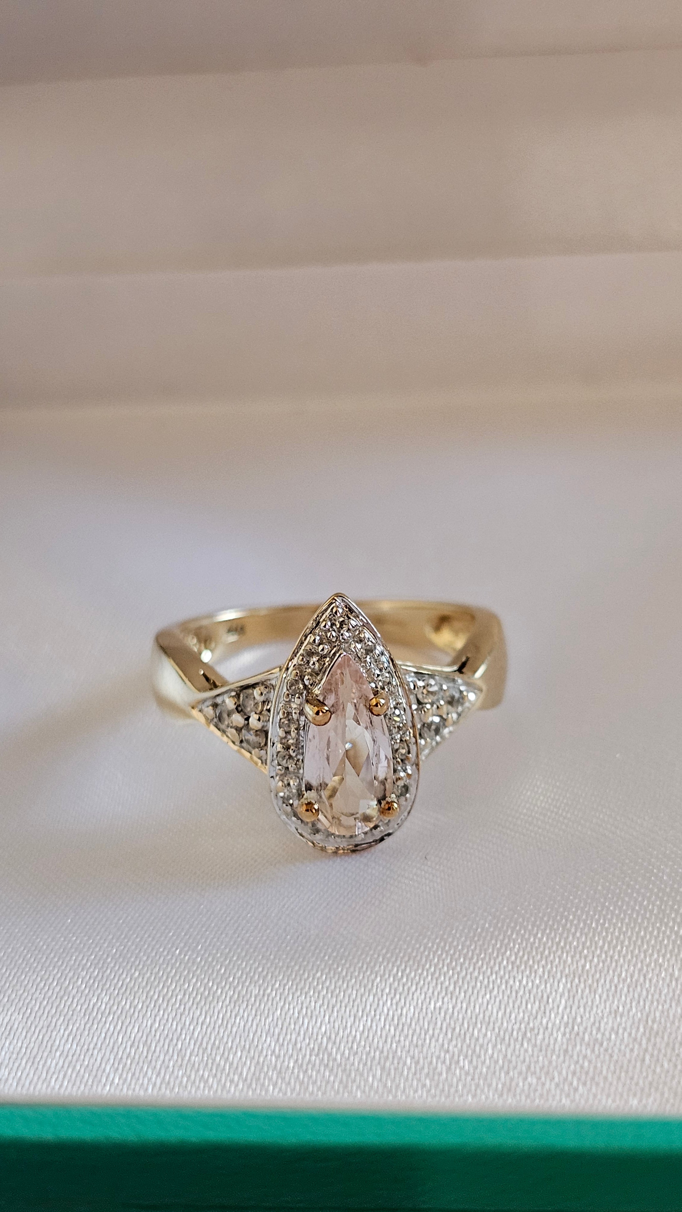 9ct Yellow Gold Natural Morganite and Zircon Pear Halo Ring - Size N