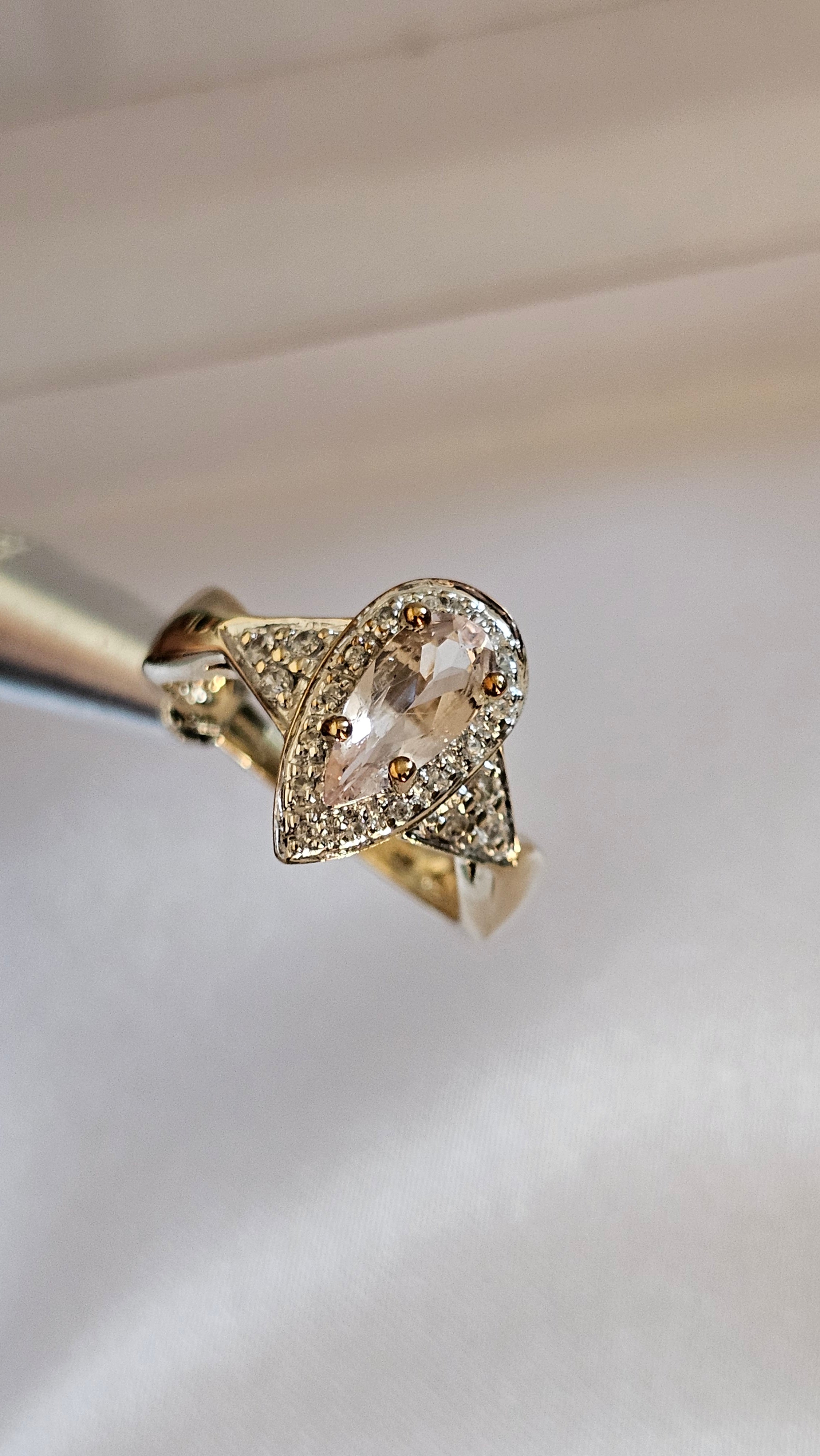 9ct Yellow Gold Natural Morganite and Zircon Pear Halo Ring - Size N