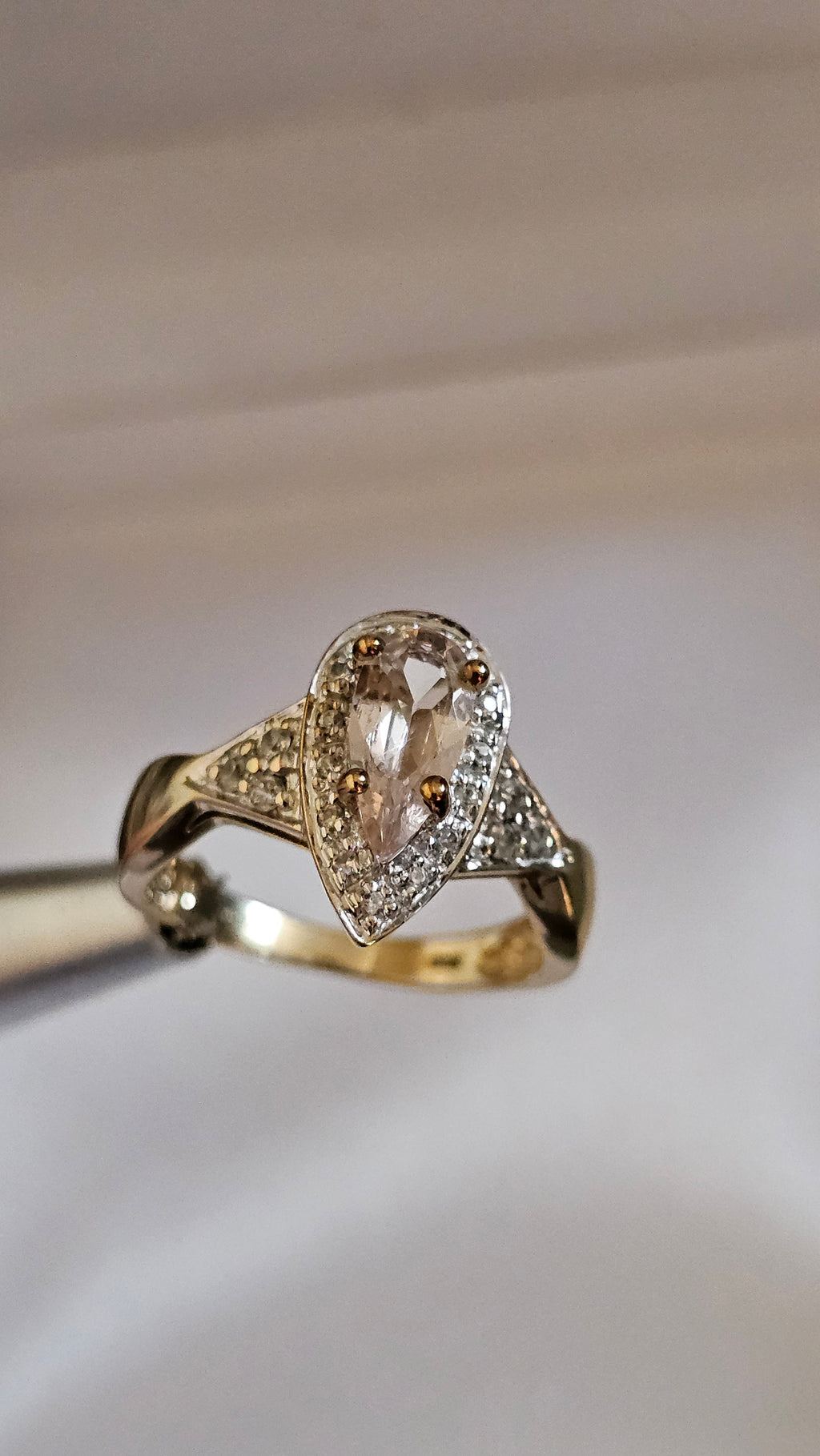 9ct Yellow Gold Natural Morganite and Zircon Pear Halo Ring - Size N