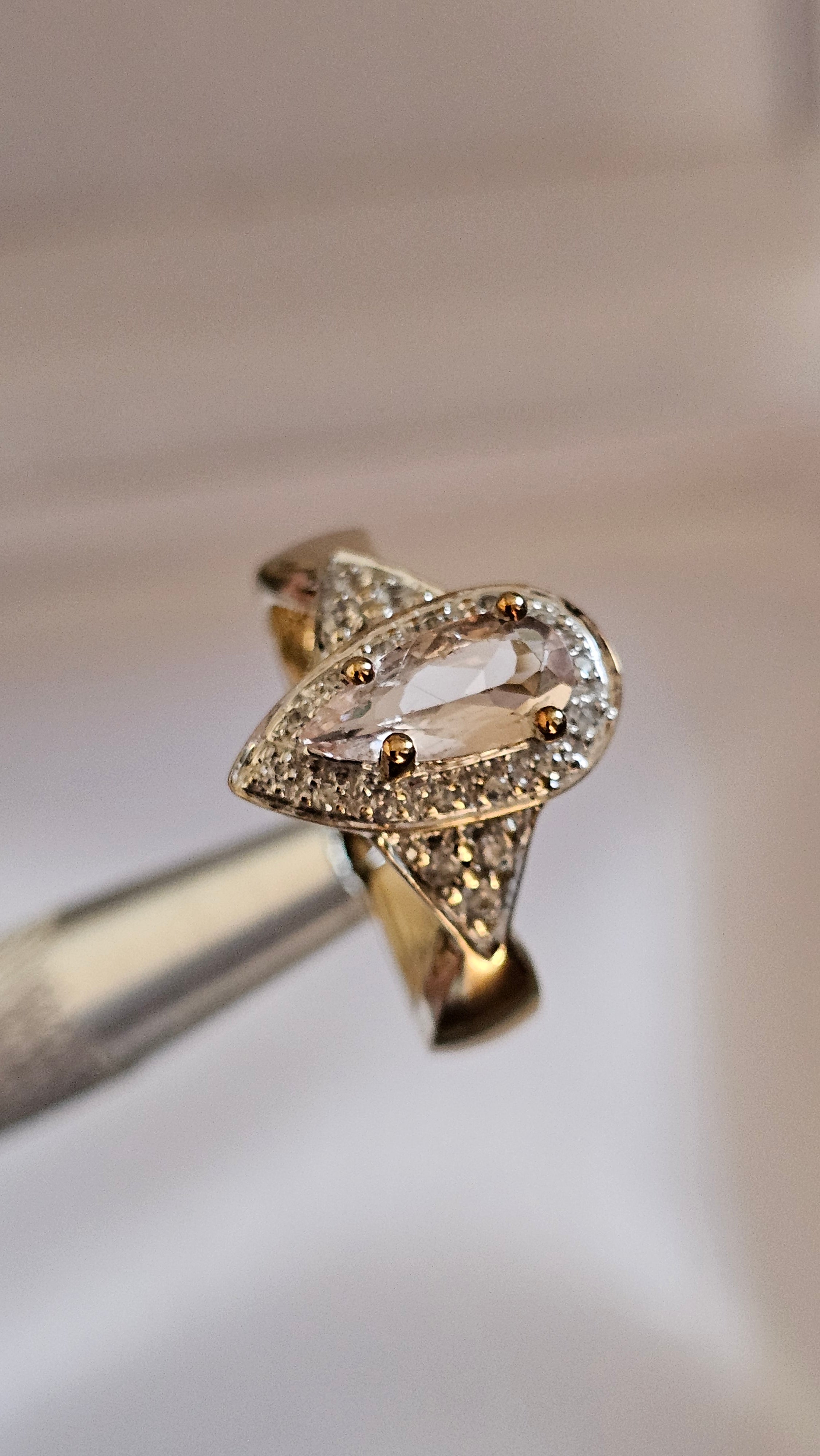 9ct Yellow Gold Natural Morganite and Zircon Pear Halo Ring - Size N