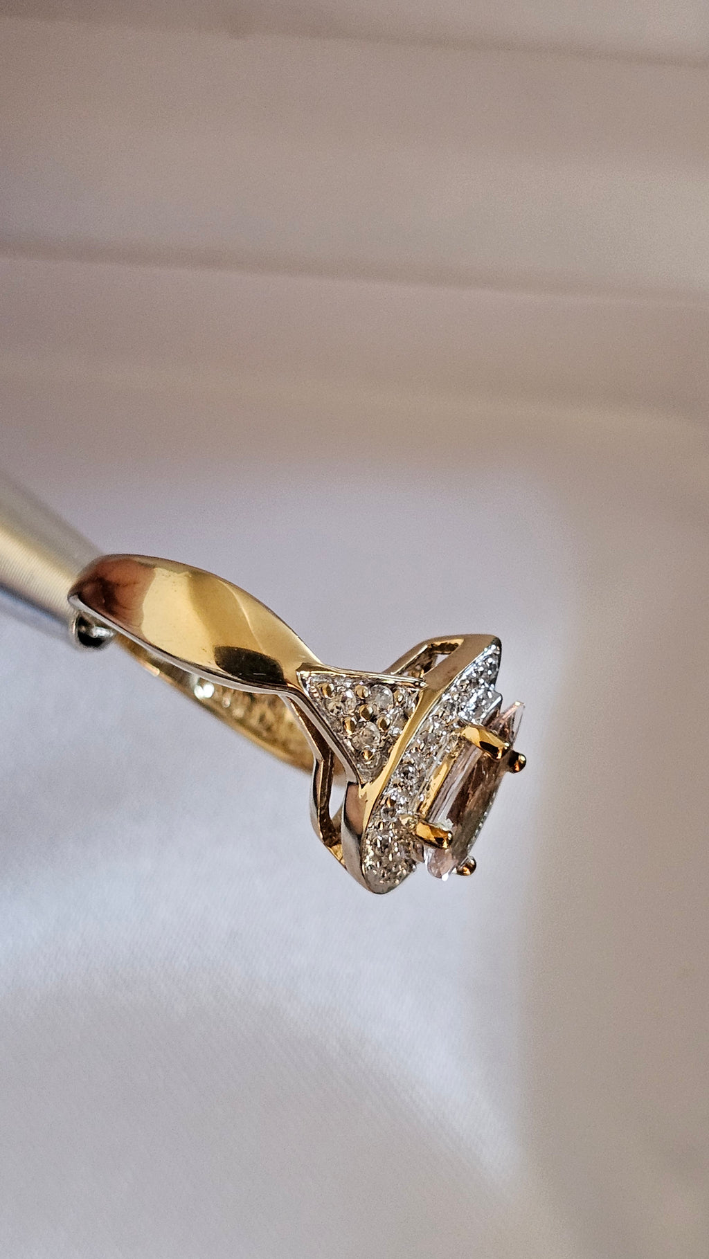 9ct Yellow Gold Natural Morganite and Zircon Pear Halo Ring - Size N