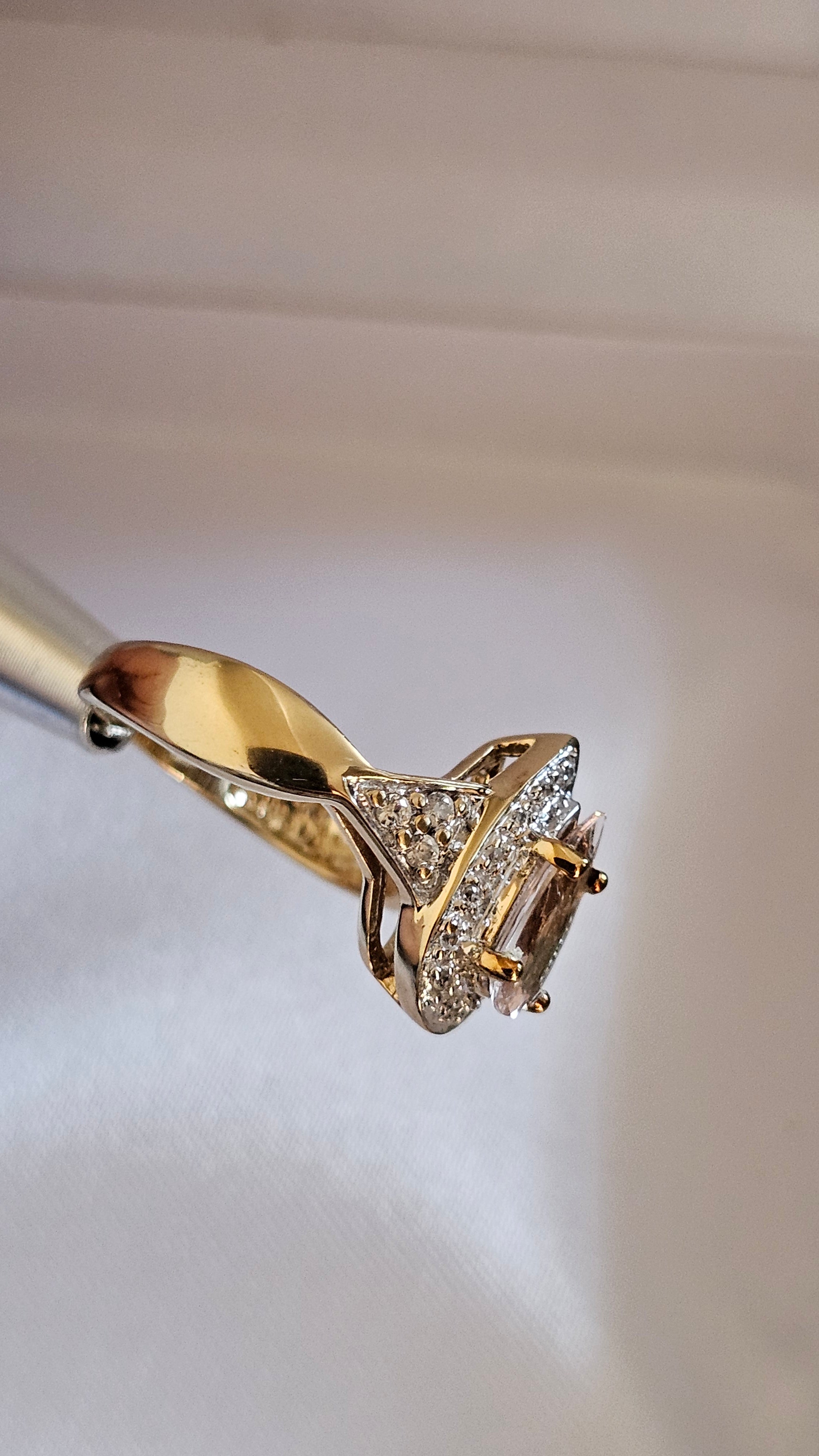 9ct Yellow Gold Natural Morganite and Zircon Pear Halo Ring - Size N