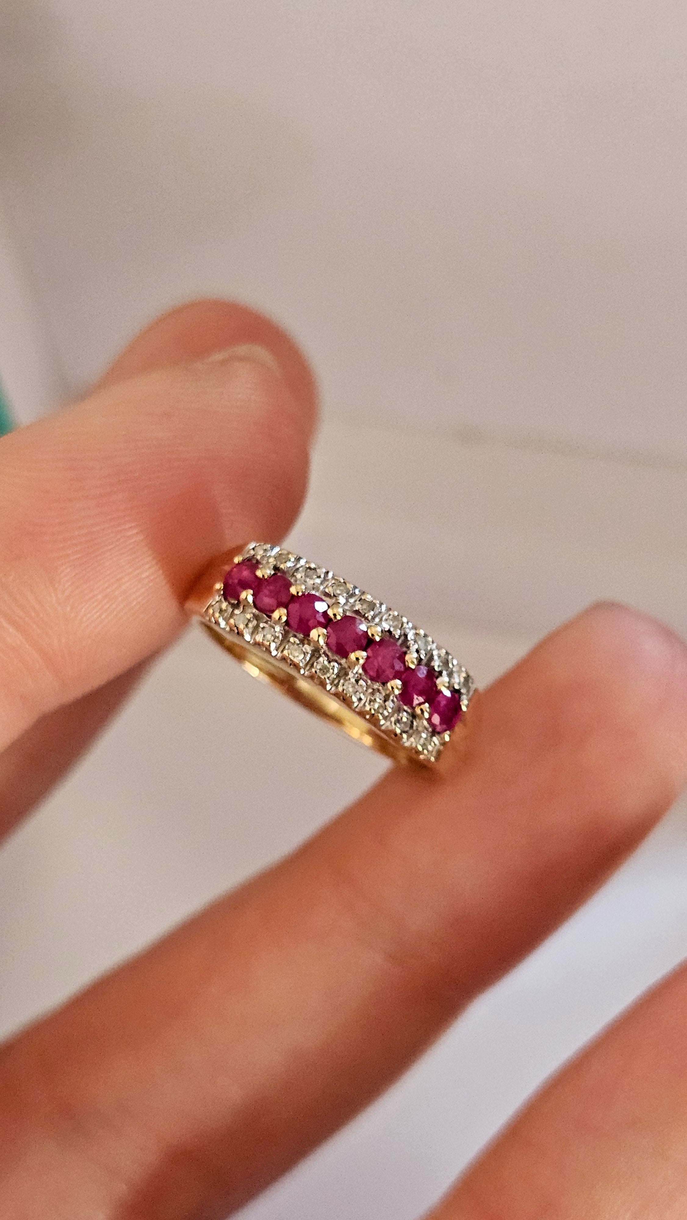9ct Yellow Gold Natural Ruby and Diamond Half Eternity Ring, size N 1/2