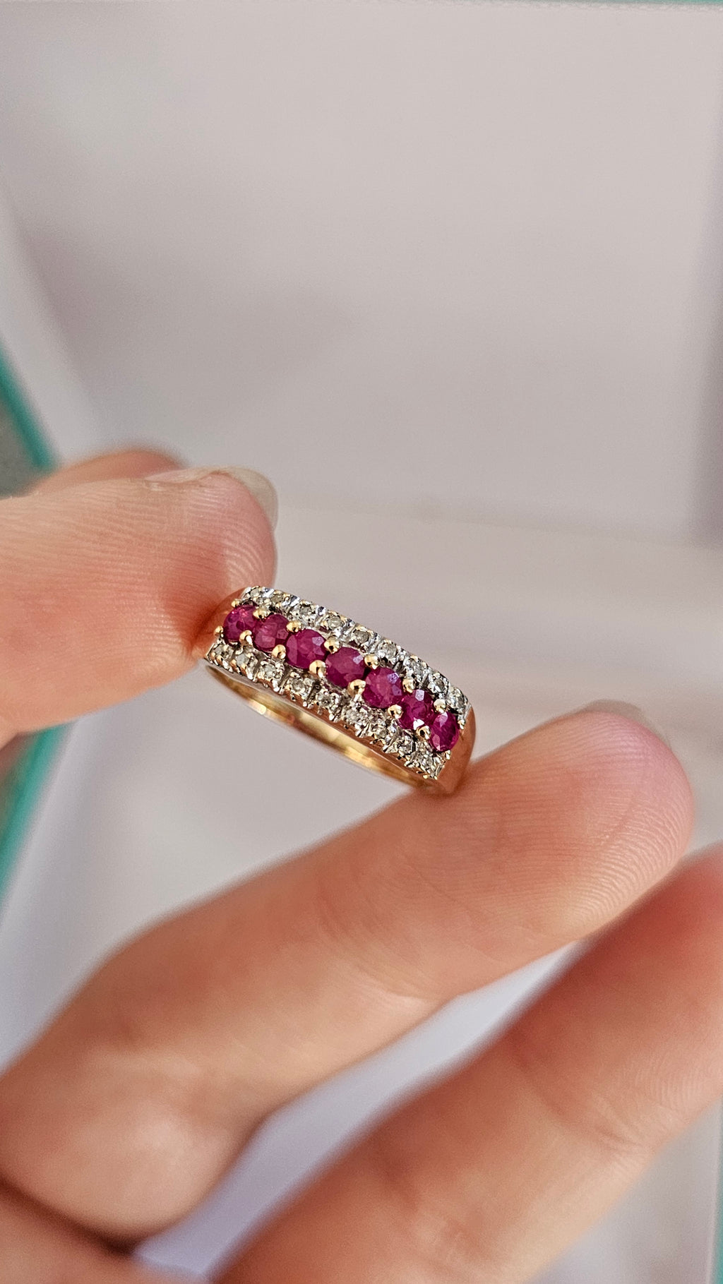 9ct Yellow Gold Natural Ruby and Diamond Half Eternity Ring, size N 1/2