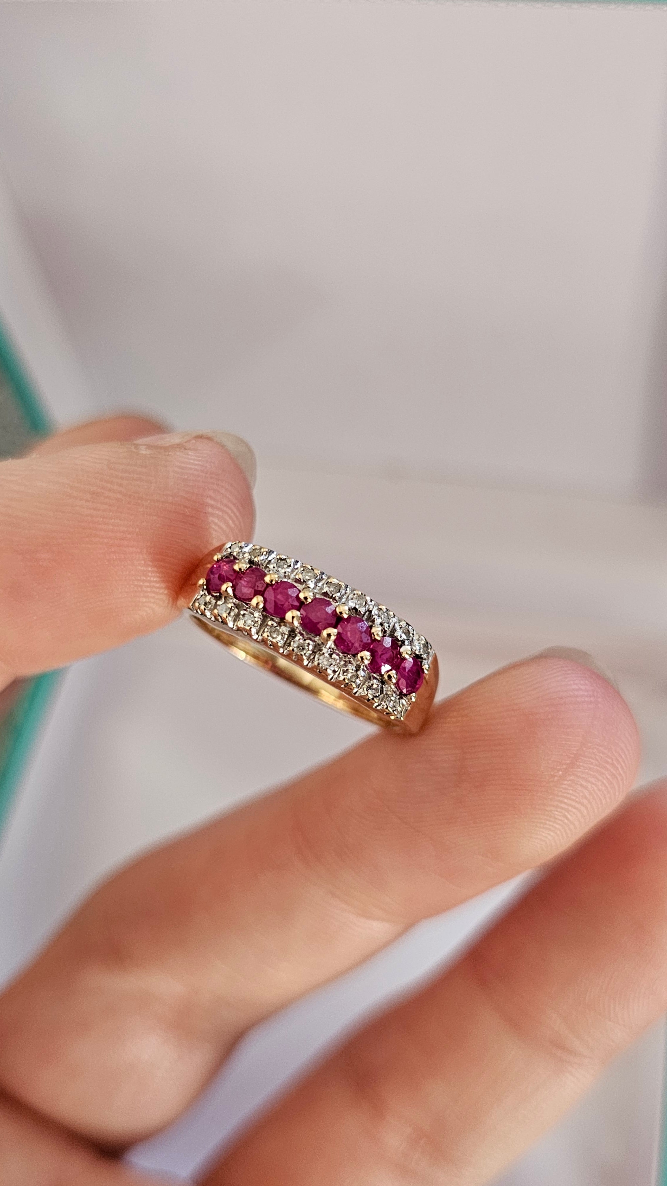 9ct Yellow Gold Natural Ruby and Diamond Half Eternity Ring, size N 1/2
