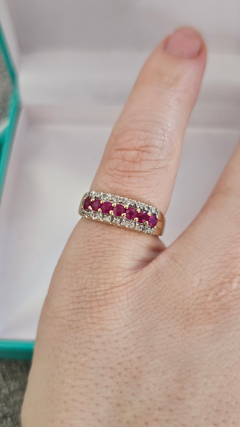 9ct Yellow Gold Natural Ruby and Diamond Half Eternity Ring, size N 1/2