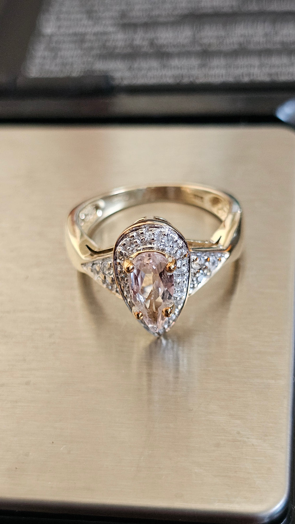 9ct Yellow Gold Natural Morganite and Zircon Pear Halo Ring - Size N