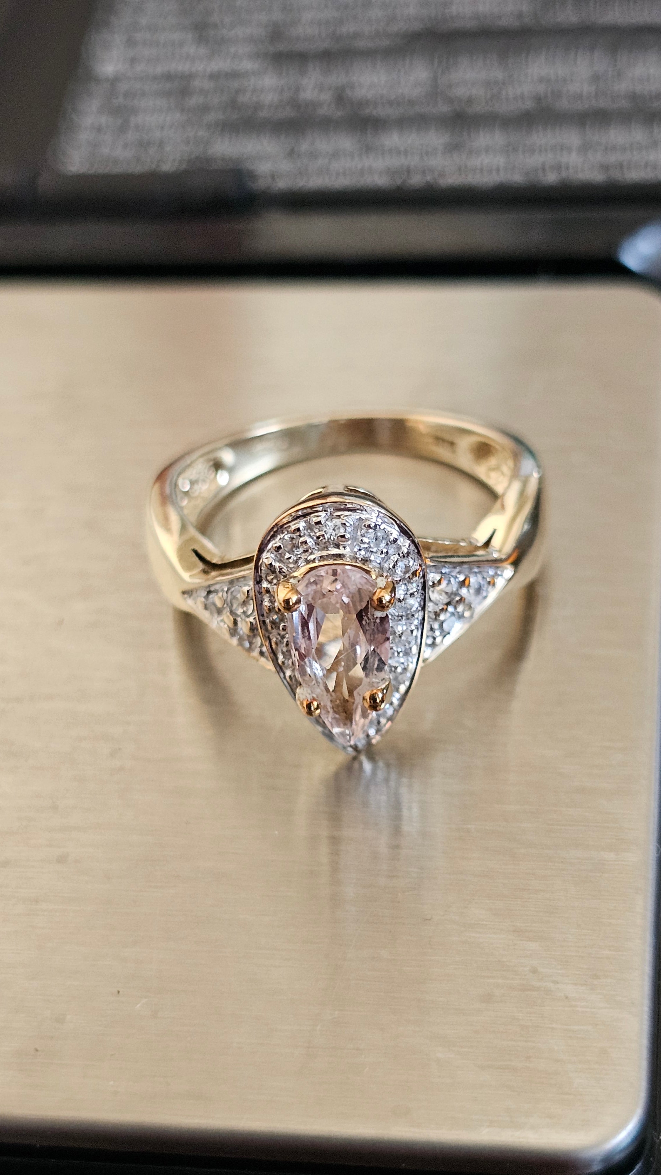 9ct Yellow Gold Natural Morganite and Zircon Pear Halo Ring - Size N