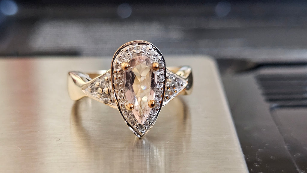 9ct Yellow Gold Natural Morganite and Zircon Pear Halo Ring - Size N