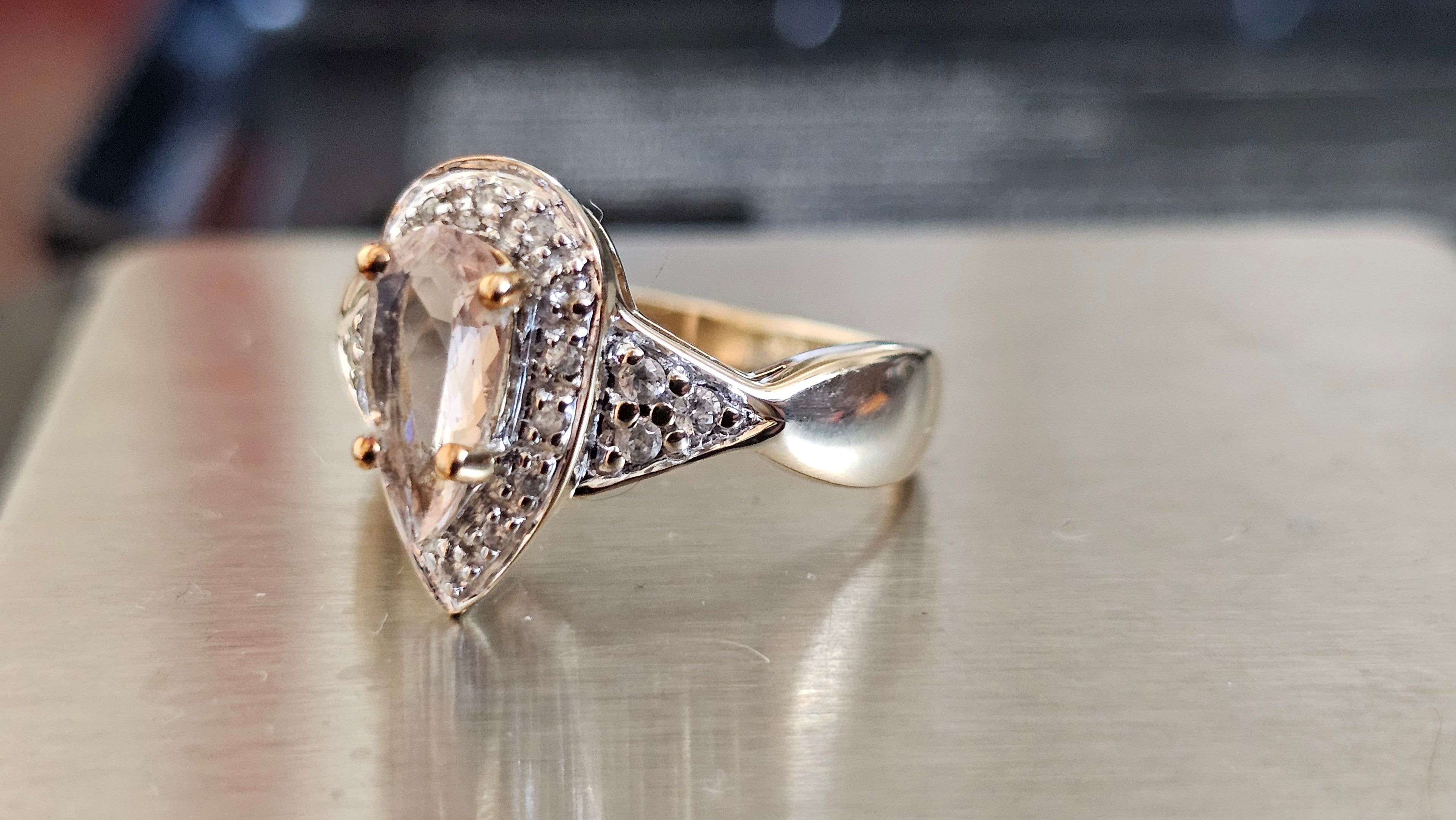 9ct Yellow Gold Natural Morganite and Zircon Pear Halo Ring - Size N