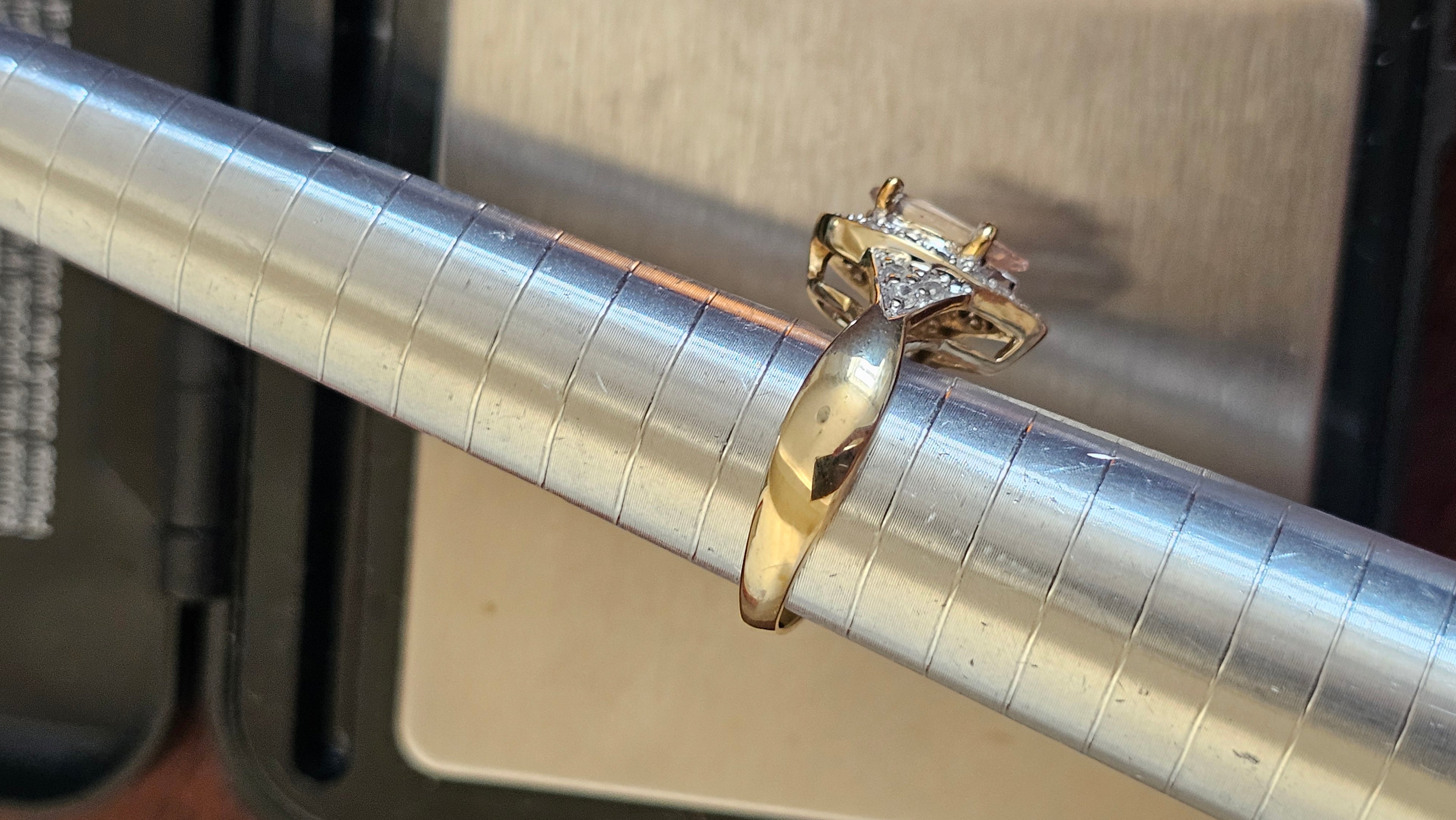 9ct Yellow Gold Natural Morganite and Zircon Pear Halo Ring - Size N